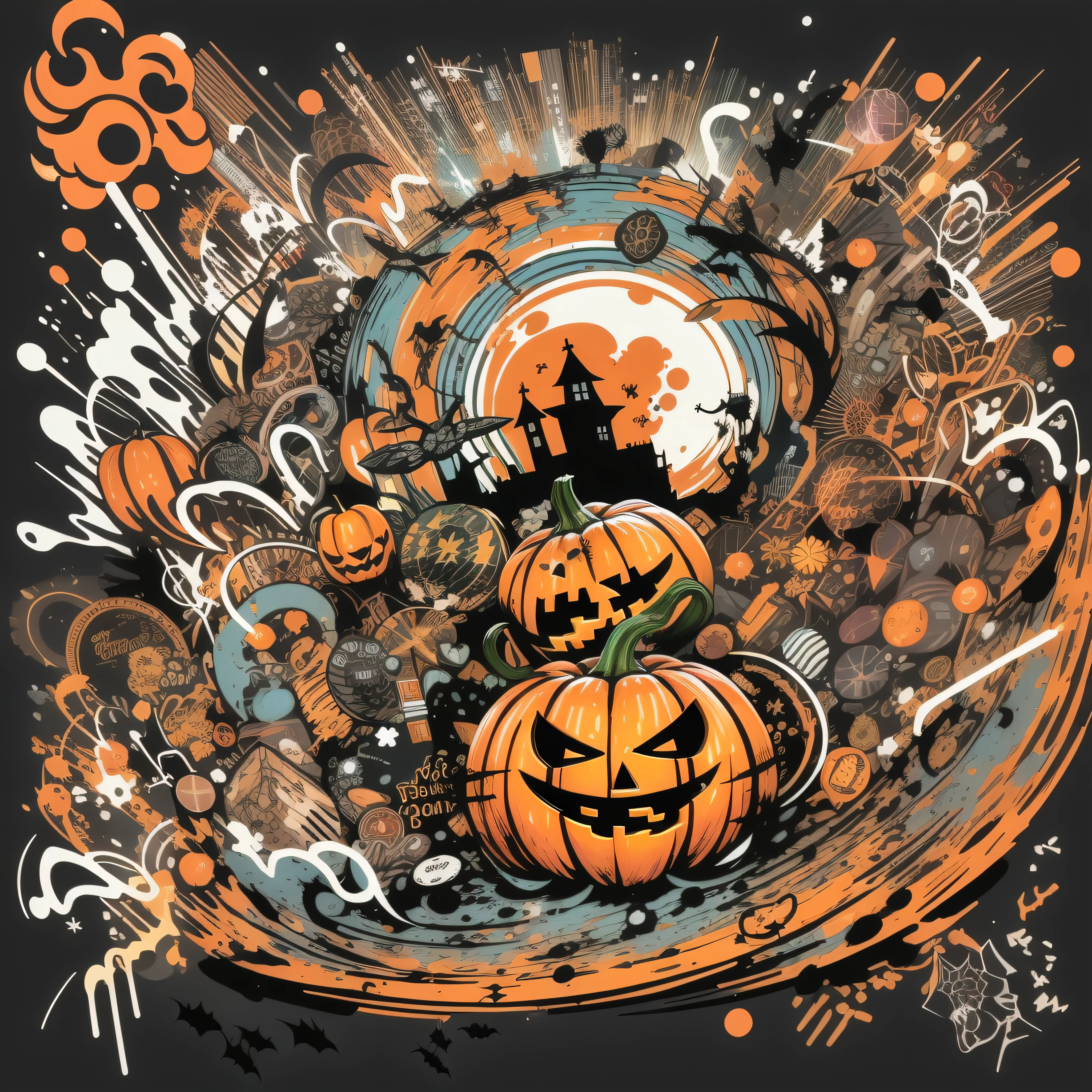 vector t-shirt art ready to print colorful graffiti illustration of a Halloween pumpkin, cute, action shot, vibrant color, punk, high detail, white background, trippy