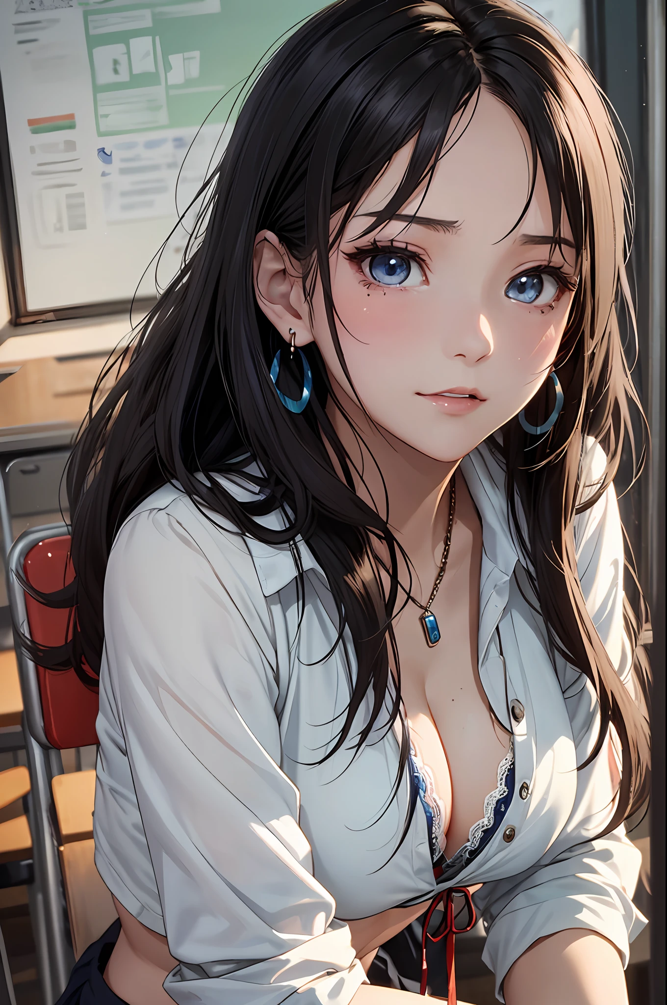 (masutepiece: 1.3), (max resolution: 1.2), (Ultra HDTV: 1.2), cinematric light,  Detailed eyes and skin, detailed facial features, , 8K resolution, (Sharp Focus: 1.2）, Perfect Style, Beautiful face, acurate, Anatomically correct, Highly detailed face and skin texture, Detailed eyes, Double eyelids, Thin eyebrows, Glitter Eyeliner: 1 Natural cheeks, Glossy skin, Fair skin: 1.2,  (Glossy lips: 1.4), (Girls' High School Uniforms:1.2)、 (Shy look: 1.2), 18 instars, Neat and clean woman 、Black brown hair,Wavy Hair、 Semi-long hair, (Focus on Face:1.2), (Normal), (upturned breasts), (in class room: 1.2)), (She is sitting on the floor：1.2.)), Highly detailed facial and skin texture, Detailed eyes, Double eyelids, Natural cheeks, Green-gray eyes,a necklace、  shiny small earrings, shiny lips: 1.4,Exposed cleavage、（A large amount of sperm in the chest:1.4）（Large amount of sperm in the thighs:1.2）、red blush、Tears are embarrassing、White underwear、White bra、Open knees、open one's legs、Masturbation behavior、Disheveled clothes、Dressing、Exposed panties、Wearing sweat、sodden、Sheer underwear、Maids、humiliated、impatience、dismay、Frightened、glares、blue eyes、Full-body angle of view、red blush、Classroom with sunset、