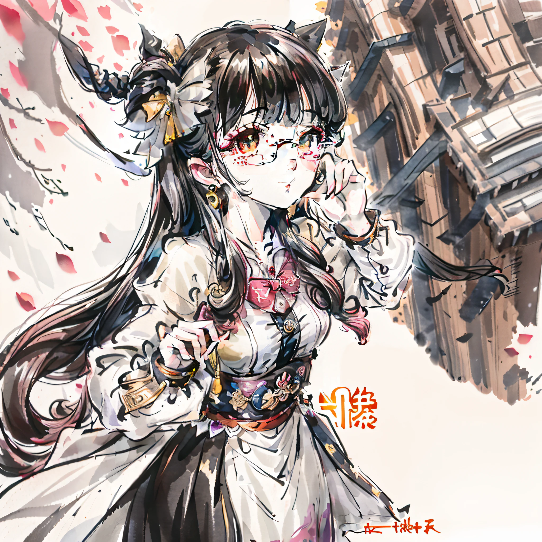 pupils, JK, monitor, Quiet, wears glasses, Holding a book in his left hand, Hold a pen in your right hand, multicolored hair, crossed bangs, Hair Bow, Pointy ears, Earrings, Light smile, angle of view, hyper HD, Masterpiece, Anatomically correct, Super detail, A high resolution, High quality,ink and watercolor painting,black andwhite,China-style