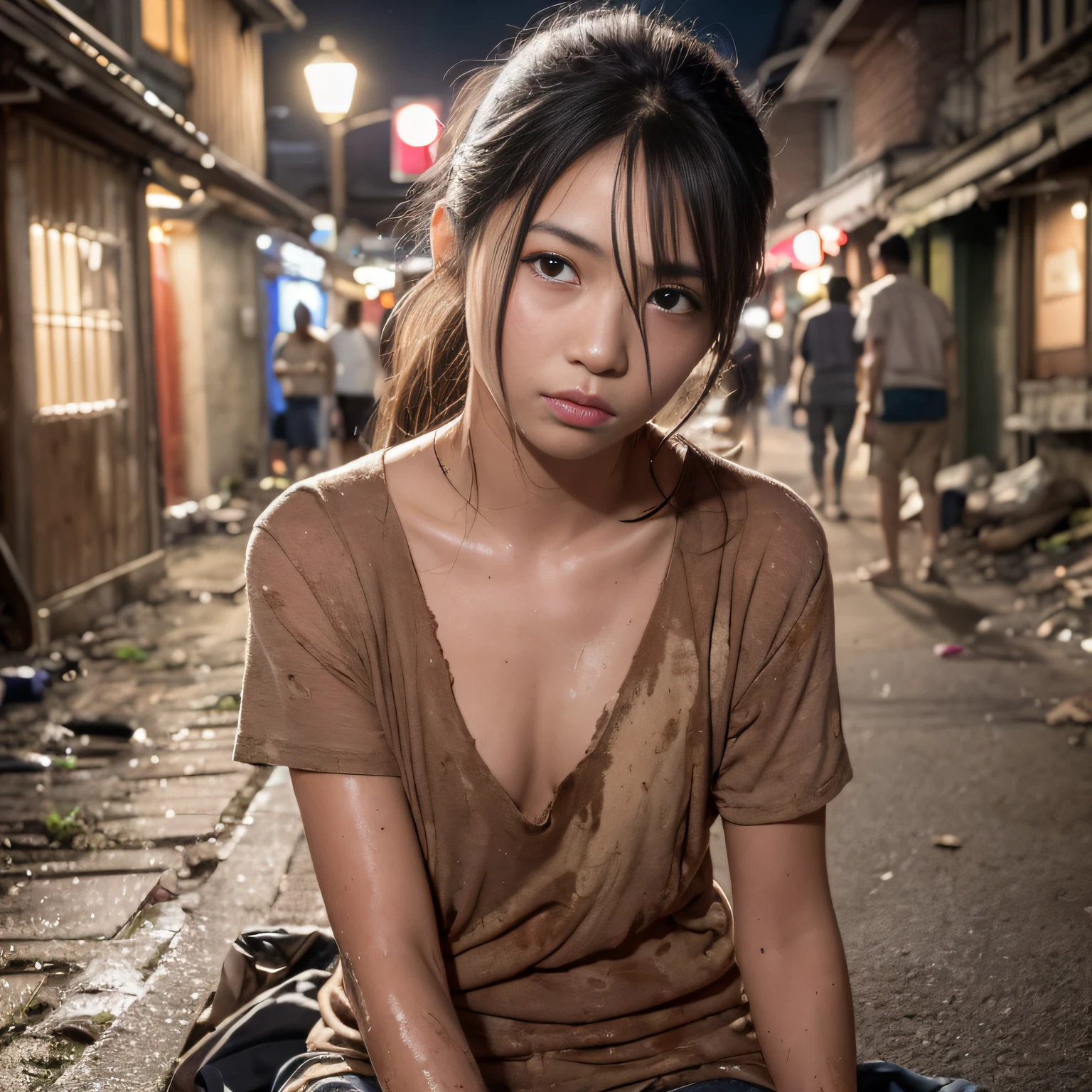 (8k, RAW photos, best quality, masterpieces, : 1.2), (realistic, photorealistic: 1.37), 17-year-old Japan girl with a sad face of homeless, delicate face, sad expression of despair, sitting and depressed, slums, garbage dumps, piles of garbage, (garbage: 1.5), sloppy, people coming and going, many women, obscene, crowded, poor, torn and dirty tattered dirty clothes, collarbone, no bra, torn micropants, wet clothes, dirty hair, dirty face, dirty skin, sweaty skin, (sweat: 1.5), muddy skin, muddy feet, bare feet, small breasts, unkempt hair, tan, full body portrait, physically based rendering, cinematic lighting, complex and cinematic look, night, street lamp light, photorealistic, cowboy shot, Dynamic Angle