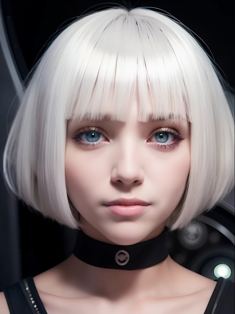 girl, caucasian, white hair, bob cut, bangs, grey eyes, big eyes, eyebrow piercing, smiling confidently, fierce eyes, inside space ship, portrait