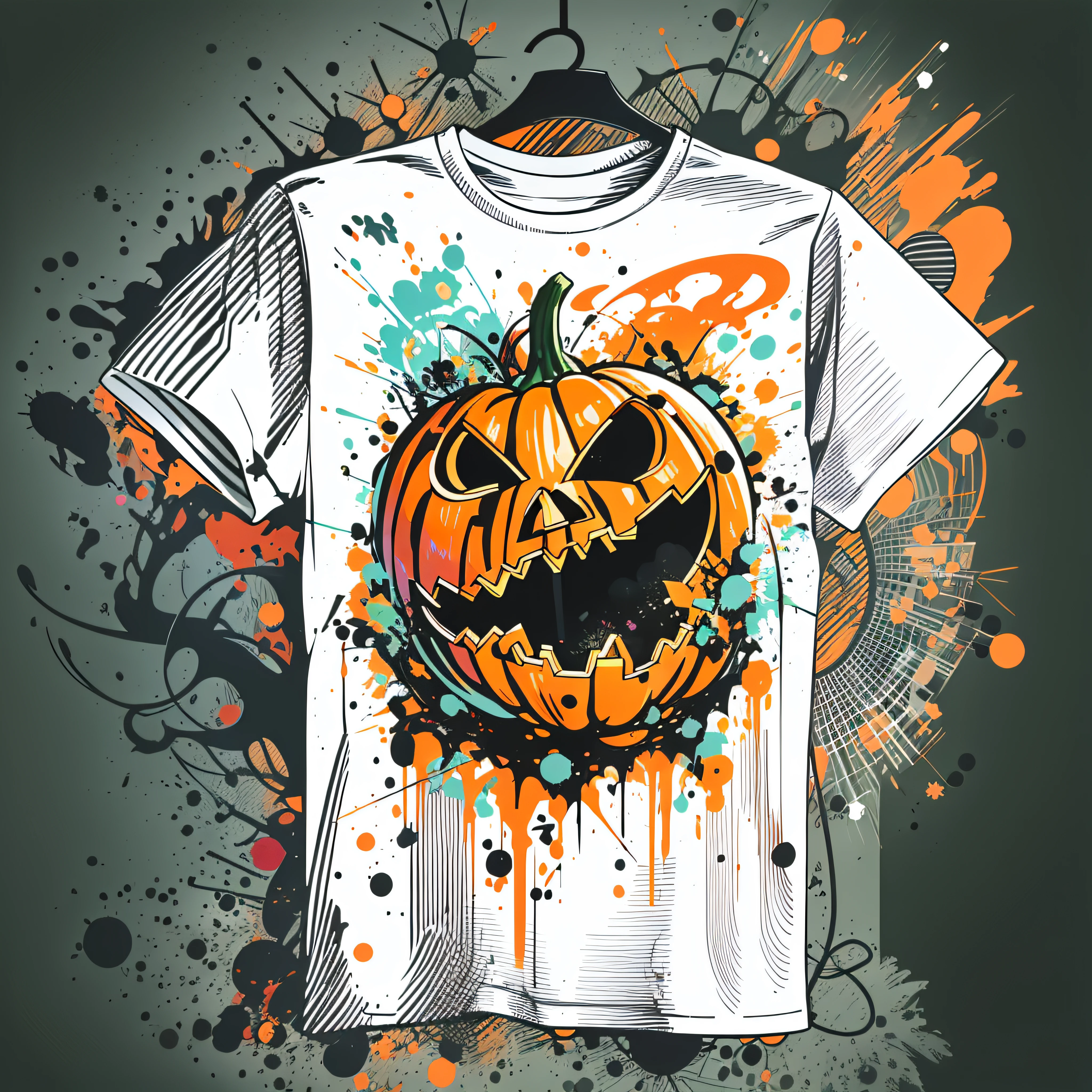 vector t-shirt art ready to print colorful graffiti illustration of a Halloween pumpkin, cute, action shot, vibrant color, punk, high detail, white background, trippy