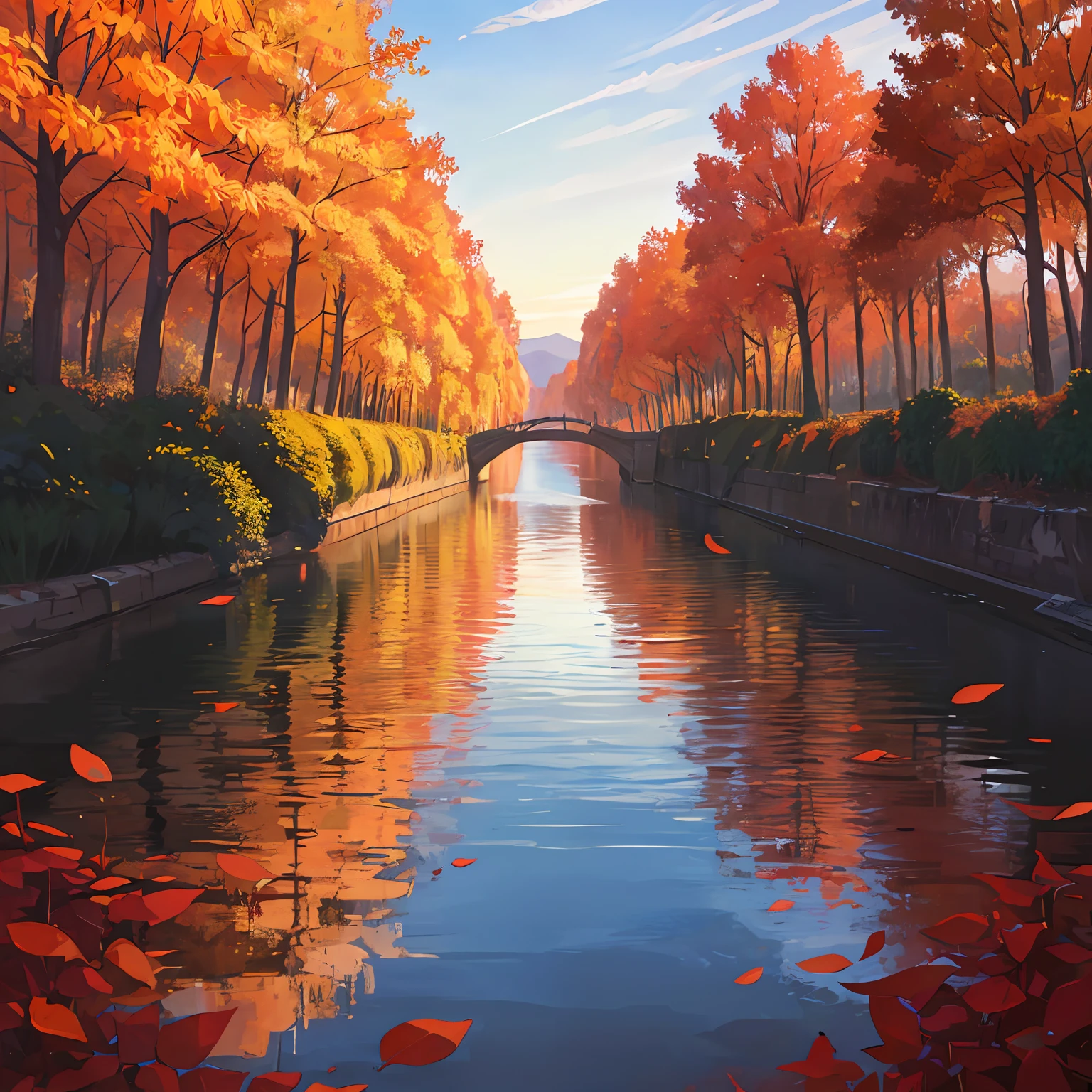 late autumn，A large golden plane tree，The river is shining gold，Golden sunset --auto