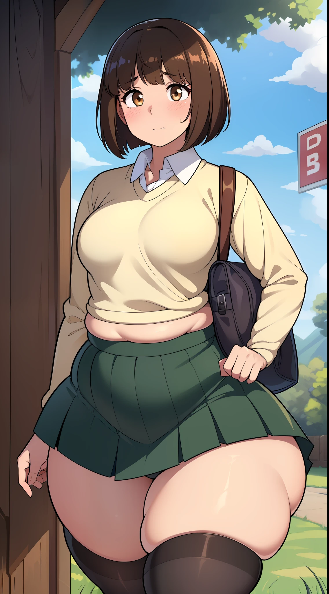 ((((kipteitei art)))), ((highres)),Masterpiece, high quality, best quality, beautiful, perfect lighting, detailed face, ultra cute face, ((1girl)), ((solo), brown hair, bob cut, bangs, ((fluffy hair)), brown eyes, nervous look, shy, embarrassed, weight conscience blush, ((school uniform)), ((tan Blaser sweater)), (tight clothes)), ((undersized skirt)), school bag on shoulder, thigh highs, green skirt, outside, walking though suburb, ((small breasts)), perky breasts, she is bottom heavy, fat ass, (((wide hips))), ((((thick thighs)))), (tummy bulge), 19 year old girl,