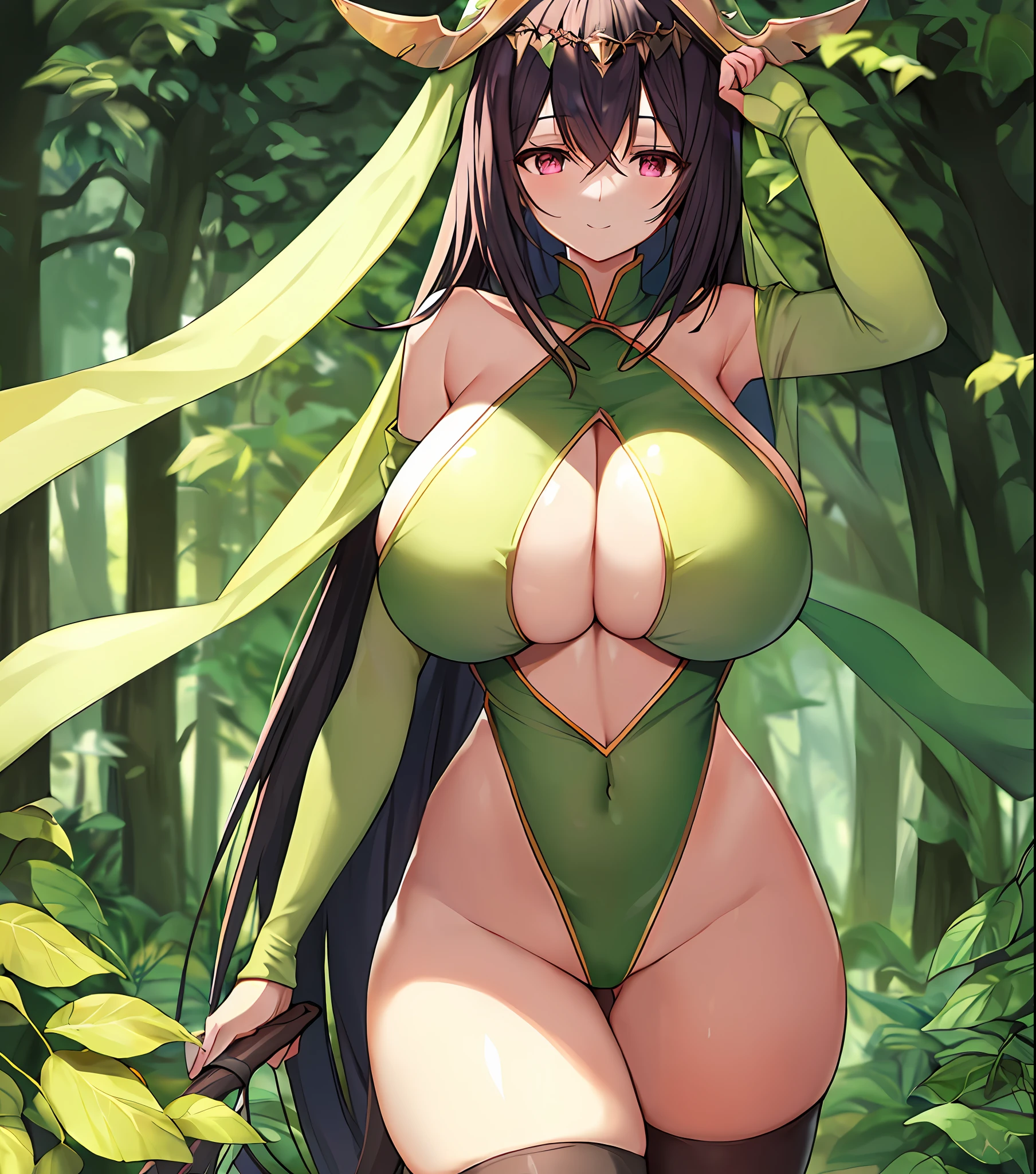 fantasy, 1forest_elemental_girl, tiny,(dark_skin)0.9, (using_leaves_clothes, green_leaves_covered_breasts, leaves_covered_pussy)+++,(gigantic_heavy_tits:1.1), walking, (smile, sleepy)+, medium_hair, navel oil, (winding_vine_around_torso)++, forest_background, leaves_headgear, green_leaves_cape, spread_arms, large_staff, leaves_thighhighs, big_ass,solo