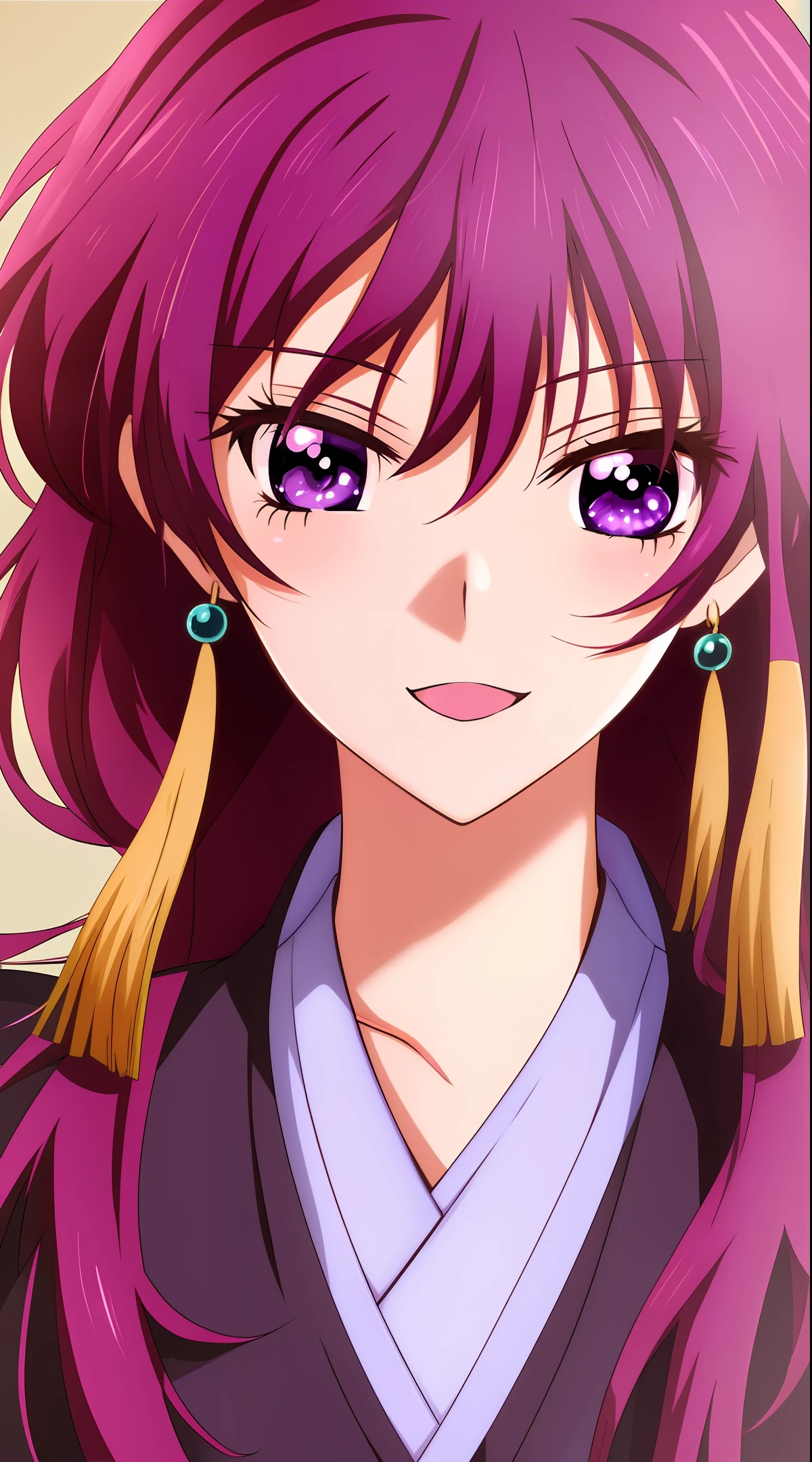 Fanice, Anime art style, 1girll, Solo, Long_Hair, Looking_at_peeping at the viewer, Blush, Smile, Open_Mouth, bangs, Hair_between_Eyes, purple_Eyes, 鎖骨, Red_Hair, lipstick, Portrait, Close-up，The beautiful