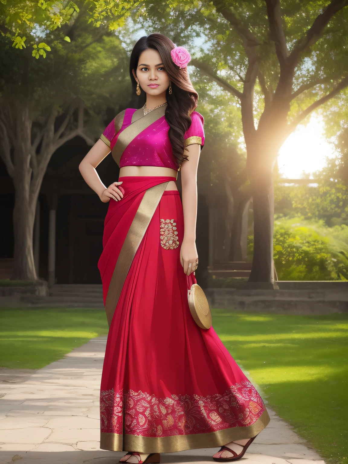 full-length photo Of A Beautiful Woman, Indian - Western -  Thai Mixed  Dress, Vibrant, Depth of field, In Beautiful Dress, (( Natural Light)), (( Sunny Day )),(( Beautiful Clear Brown Eyes )), long Brown Hair, (( Unique Hair Ornament )), In Centre, (( Photorealistic )), DSLR, Highly Detailed, 4k, Extreme Details, Realistic, (( Wide Shot )), full-length photo, full-body shot, Unique Design Patterns, Indian Design Pattern, Floral Pattern Indian Style,