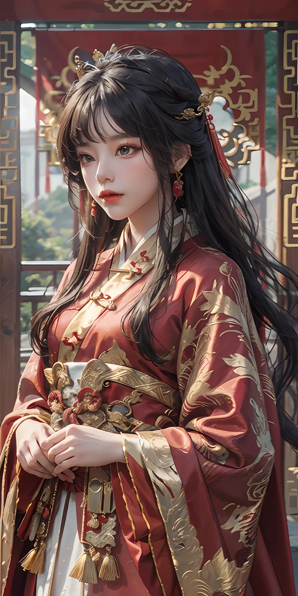 Arad woman in a red dress and a golden crown, Hanfu, Palace ， A girl in Hanfu, Wearing a luxurious silk cloak, wearing gilded red robes, dressed in a beautiful red cloak, Wearing ancient Chinese clothes, Red robe, Inspired by Qiu Ying, Red robes, with acient chinese clothes, long torn red cape, red capelet