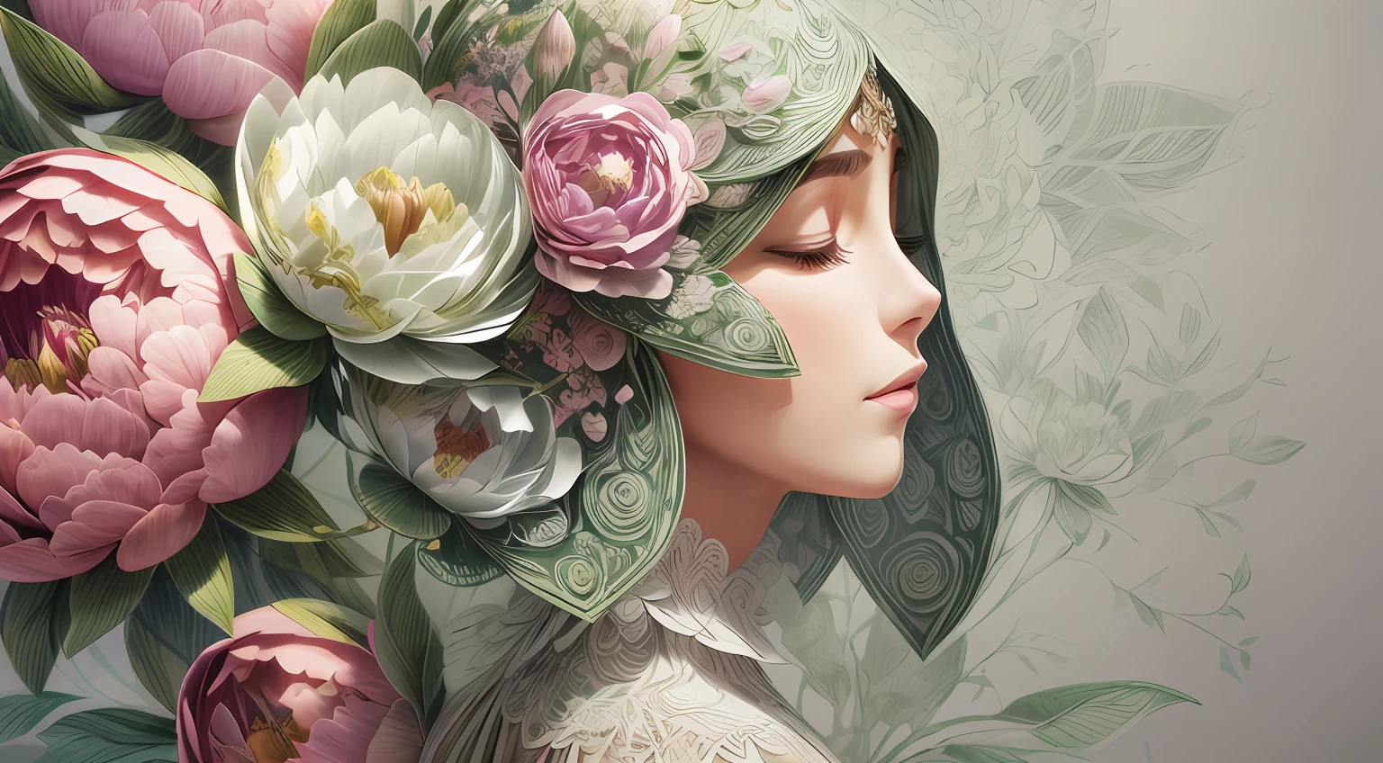 (illustration:1.3),paper art, zentangle，3D rendering，White background，Winter，(Beauty side face,close eyes:1.3)，(plum blossom:1.2), Colorful, Best quality, Detailed details, Masterpiece, offcial art, Cinematic lighting effects, 4K,