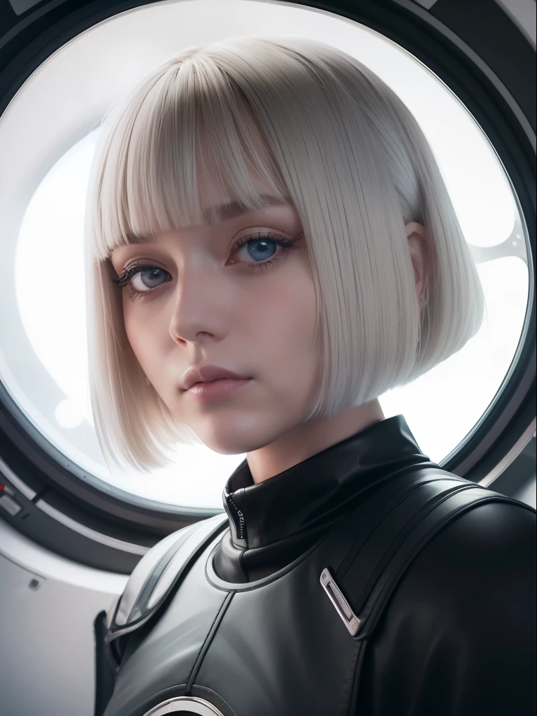 girl, caucasian, white hair, bob cut, bangs, grey eyes, big eyes, eyebrow piercing, smirking confidently, inside space ship, portrait