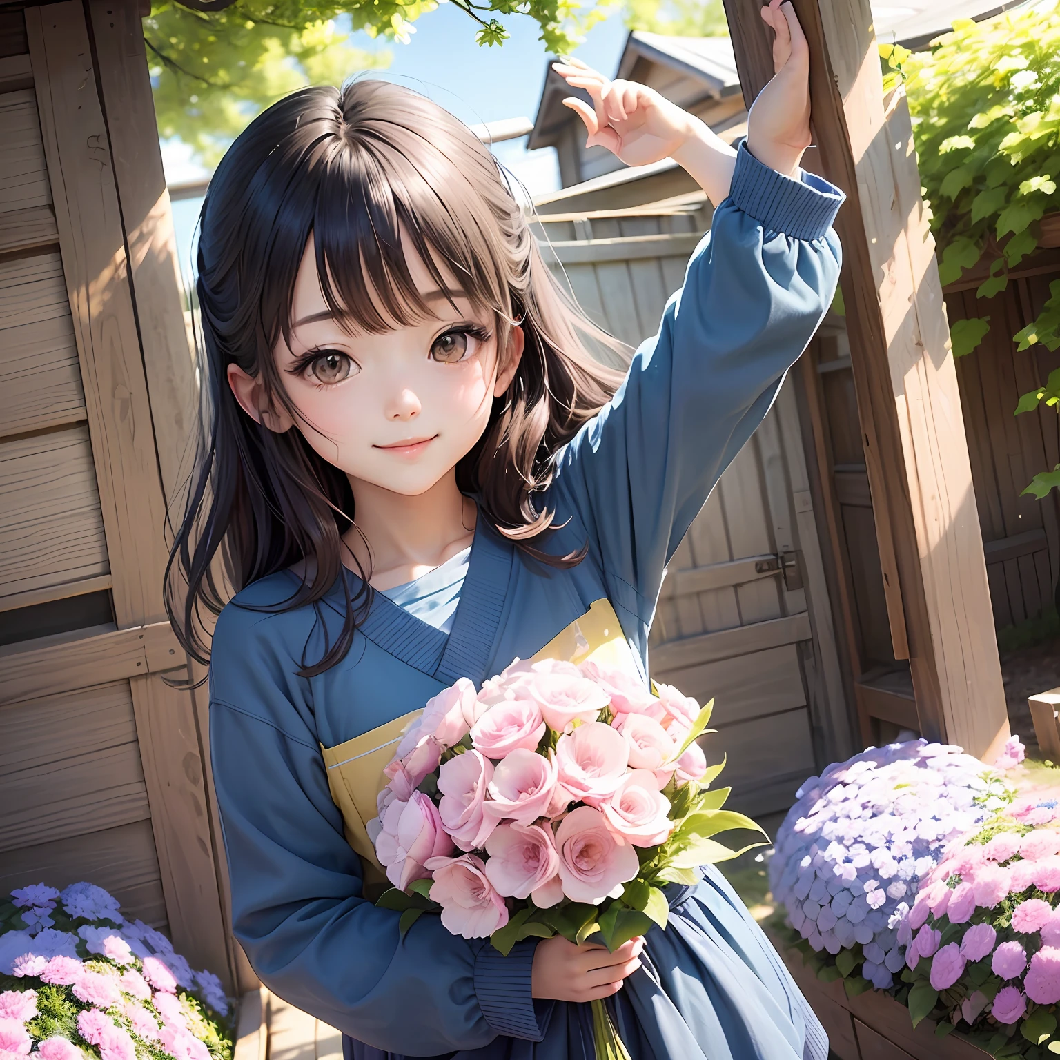 Nanase Aoi style girl、Cute poses、Excellent texture、beatiful backgrounds、cheerfulness、Happy smiling face、florals、landscapes、blue-sky、Art Filters、fade、Soft shades、A Japanese style、夏天 --auto