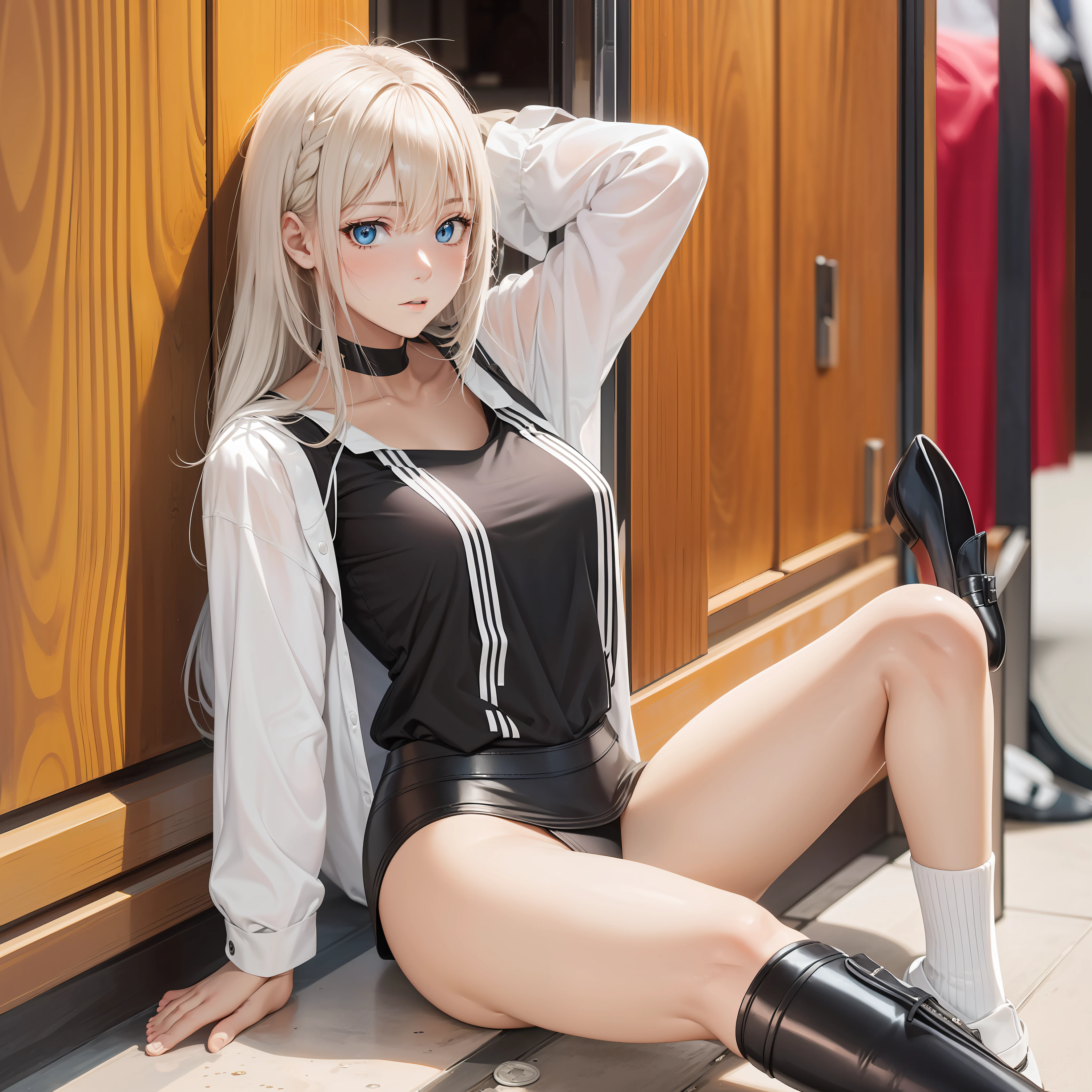 Young women around 20 years old,Sit on your back on the ground,Black shirt,leather shoes,Shame expression,Spread your legs,face to the viewer,Delicate face,Sexy anime women,True photo,Bare skin,White color hair,blue color eyes,with a well-proportioned body,