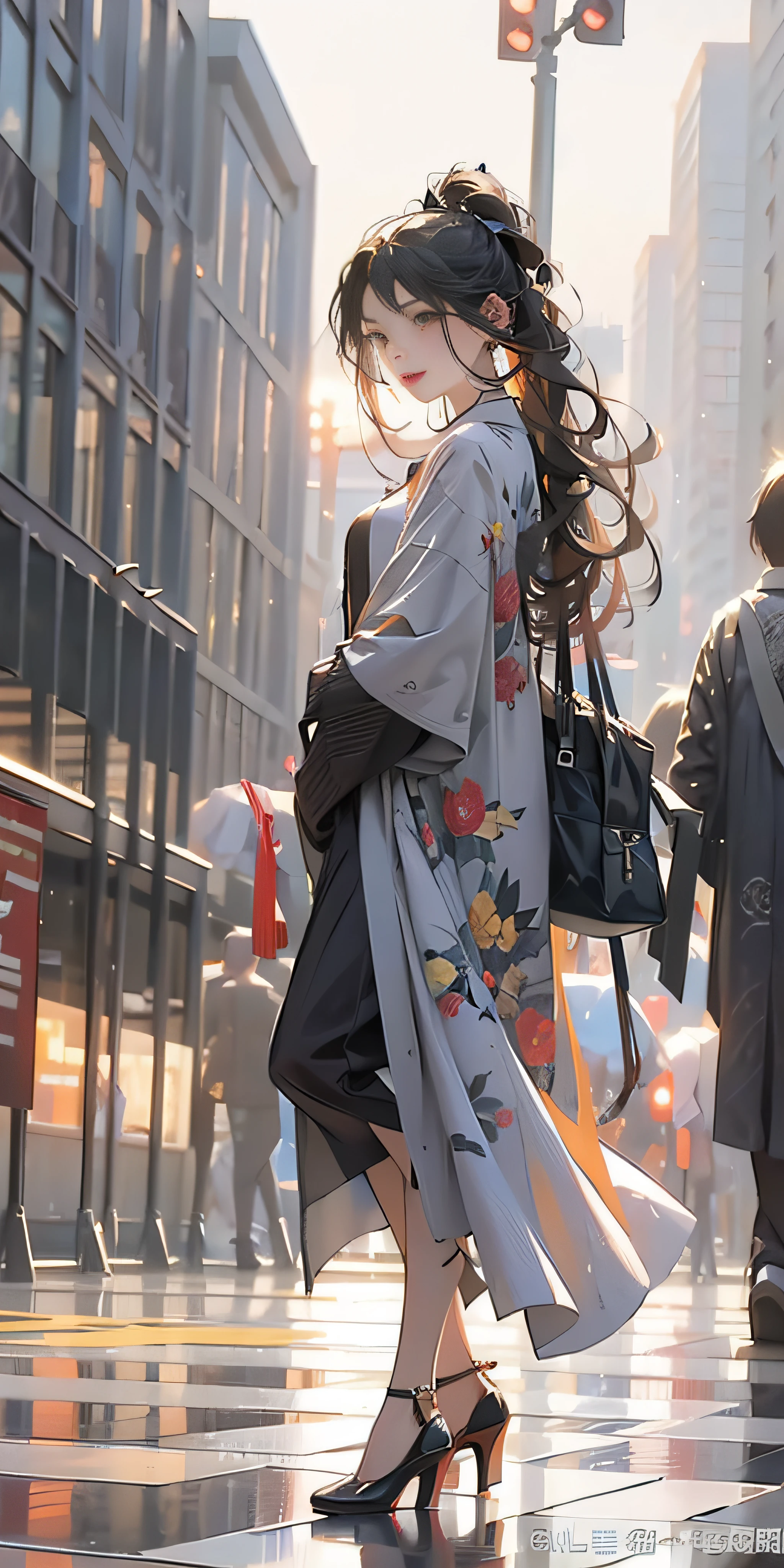 ((best images quality)), ((tmasterpiece)), ((meticuloso)), [Street fashion shooting], [Girls dressed in fashionable clothes], [Future cityscape], [busy street], [Technology and elements], [Hologram projection], [Dynamic and futuristic], [Unique street photography style], (Digital illustration:1.2), (真实感:1.1), (Holographic technology: 1.1)