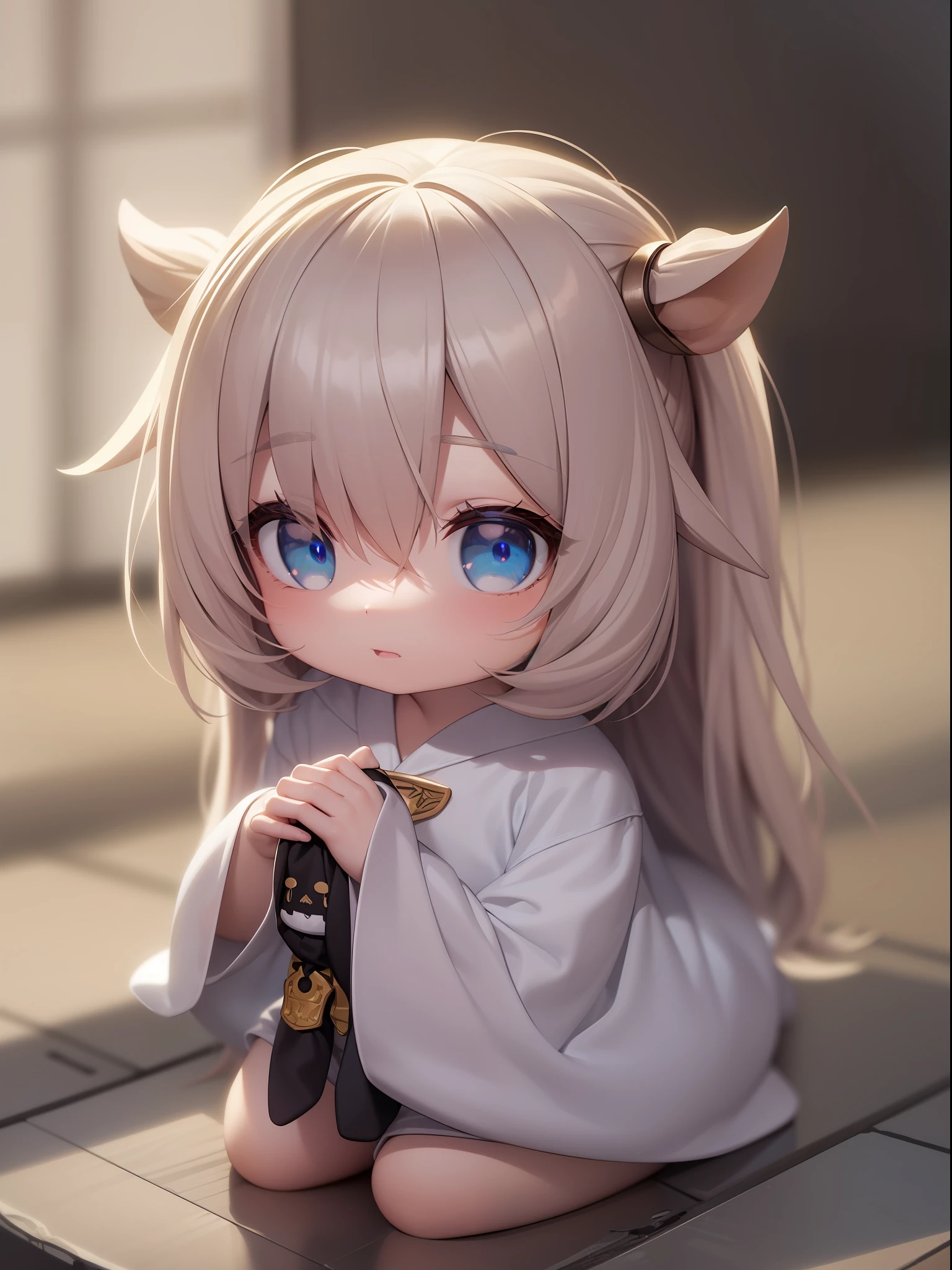 PopMart Blind Box IP, a close-up of a cute, white robe doll, young wanangel style, wearing long and fluent clothes, wlop style, pocelain doll, little people; Unreal Engine 5, Lite 3D/C4D production: 8K HD quality/lighting/ultra-detailed lens depiction 1.5, flawless, chibi background/cinematic.