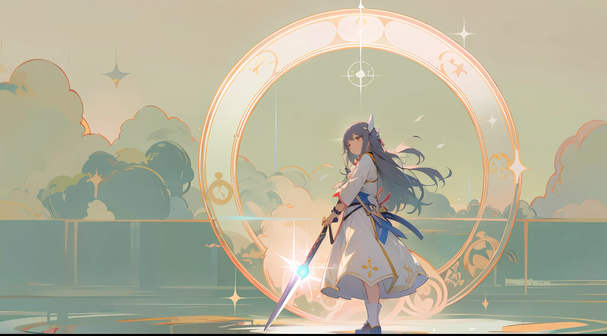 Woman with weapon coming out of body、kawaii、A magic circle appeared above my head and at my feet.、