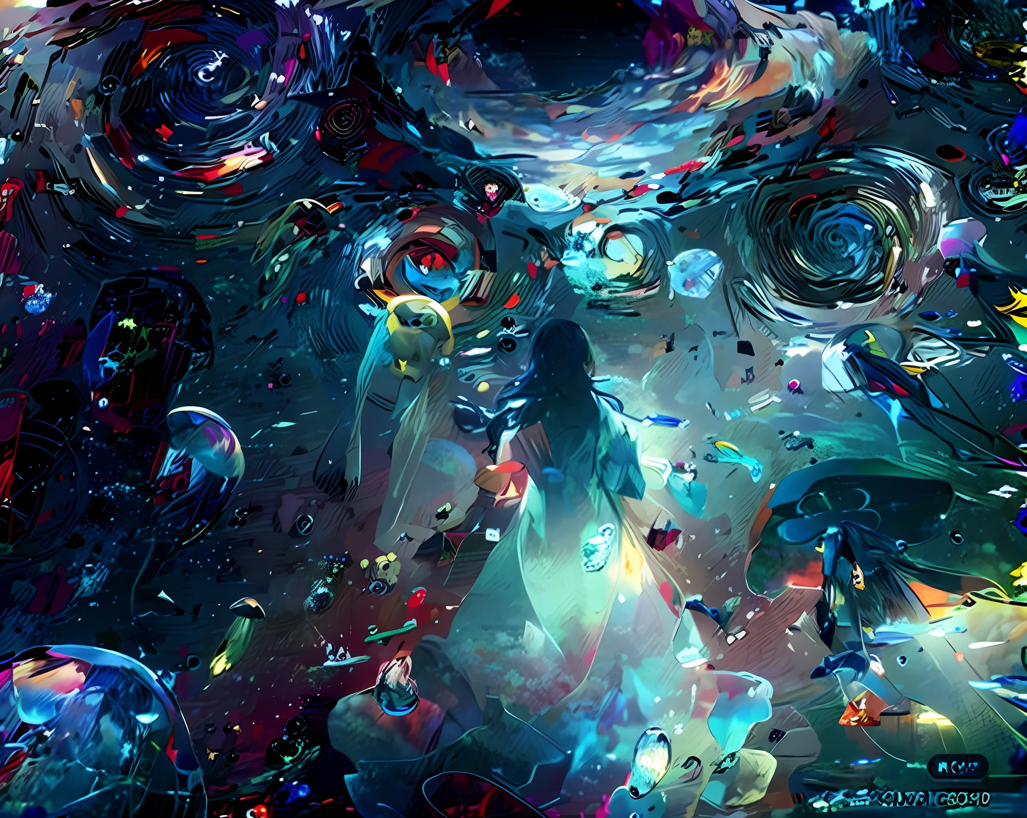 Van Gogh style，oil painted， ocean floor，fish flocks, jelly fish，Starry night sky with man and big spiral, The beauty opens her arms，Anime art wallpaper 4 K, Anime art wallpaper 4k, 4k highly detailed digital art, Anime art wallpaper 8 K, Beautiful art UHD 4 K, ocean floor，fish flocks, jelly fish，Anime wallpaper 4K, Anime wallpaper 4 k, 8K HD wallpaper digital art,