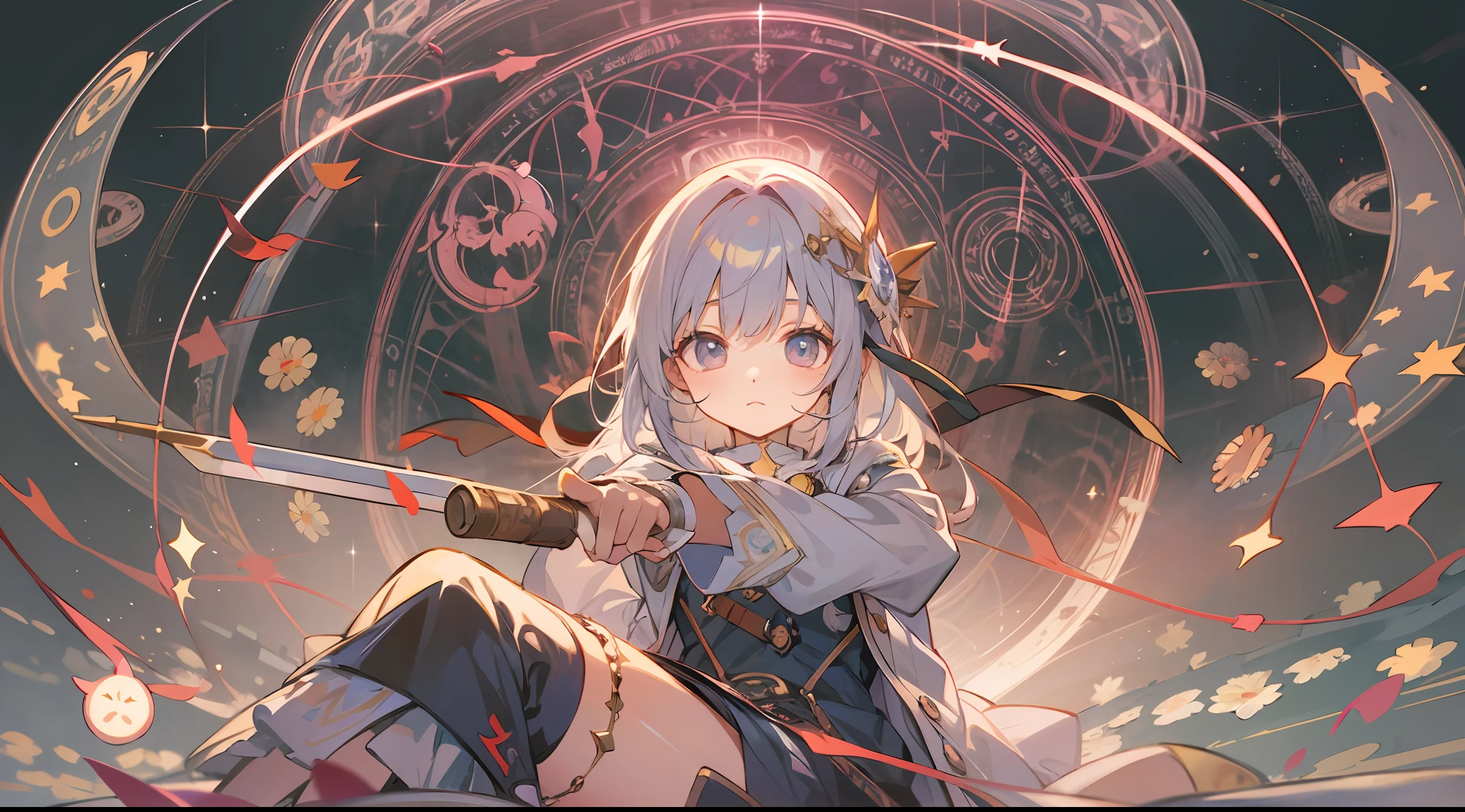 Woman with weapon coming out of body、kawaii、A magic circle appeared above my head and at my feet.、