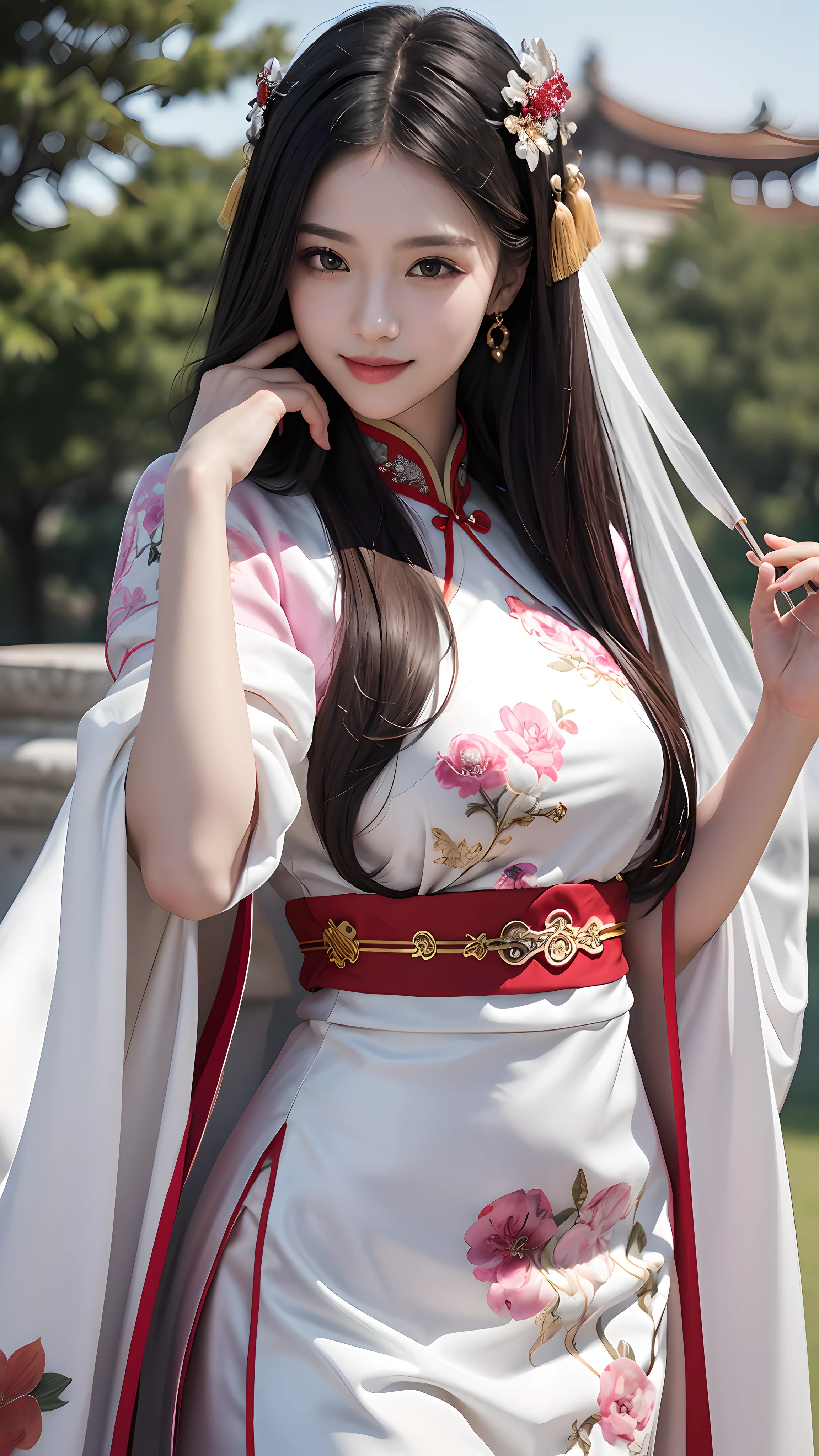 Best quality, masterpiece, ultra high res, photorealistic, (full shot:1.5), (1 girl),(long hair),(hair ornament:1.4),there is an ancient palace beside the girl, traditional chinese clothing, sharp focus, great body, random pose reference, monolid eyes, high bridged pointed nose, v-shaped face, pale skin, smile, bokeh