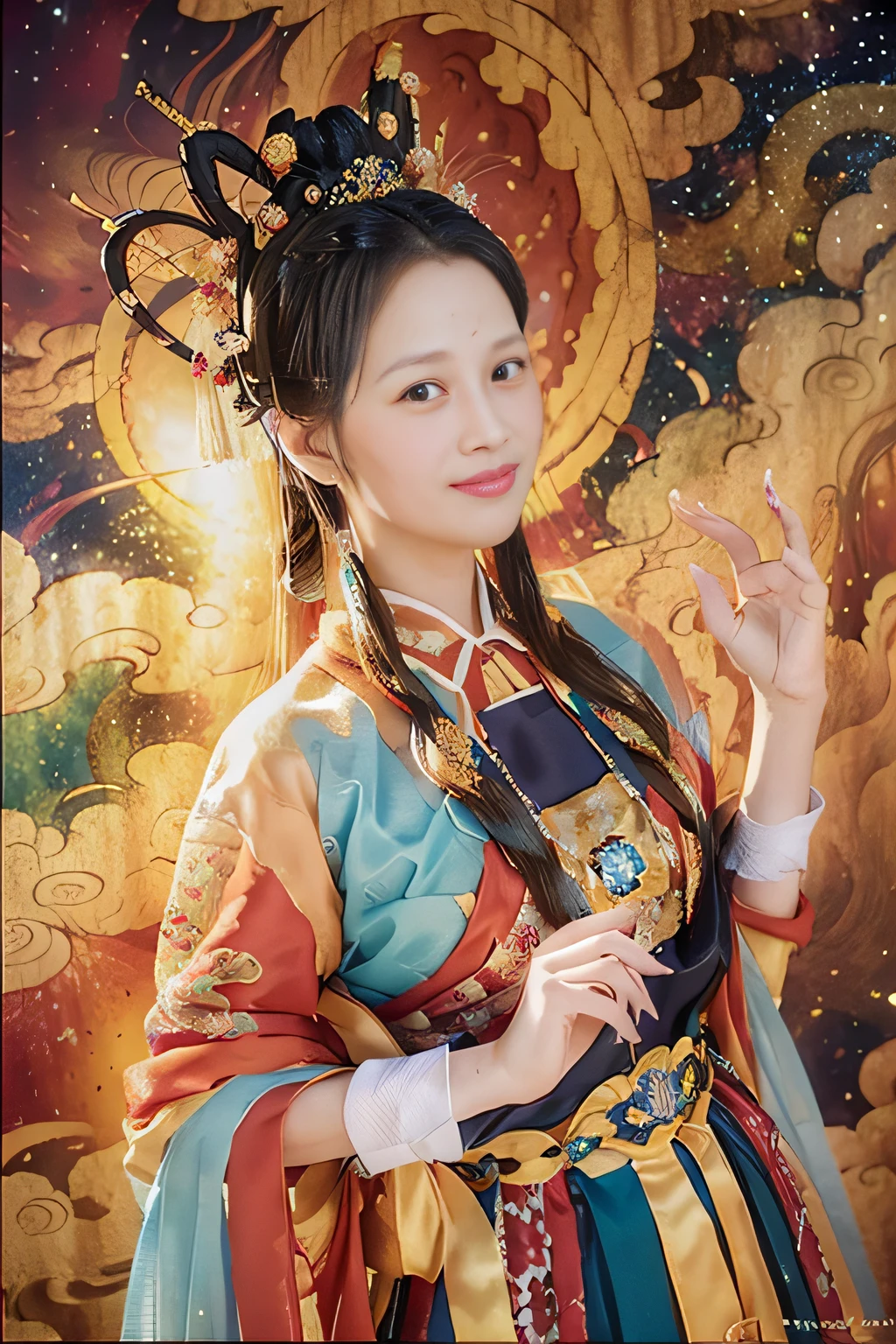 Official Art, Unified 8K Wallpapers, Ultra Detailed, Beautiful and Aesthetic, Masterpiece, Best Quality, (Zentangle, Tangle, Entangle), (fractal art: 1.4), 1girl, very detailed, dynamic angle, cowboyshot, (most beautiful form chaos), ethereal, (bright colors), oc, (full body: 0.8), china, (thangka flying sky: 1.5), (ribbon: 1.3), (dream: 1.5), (hanfu: 0.7), (smile: 0.5), (Chinese deity), upper body close-up