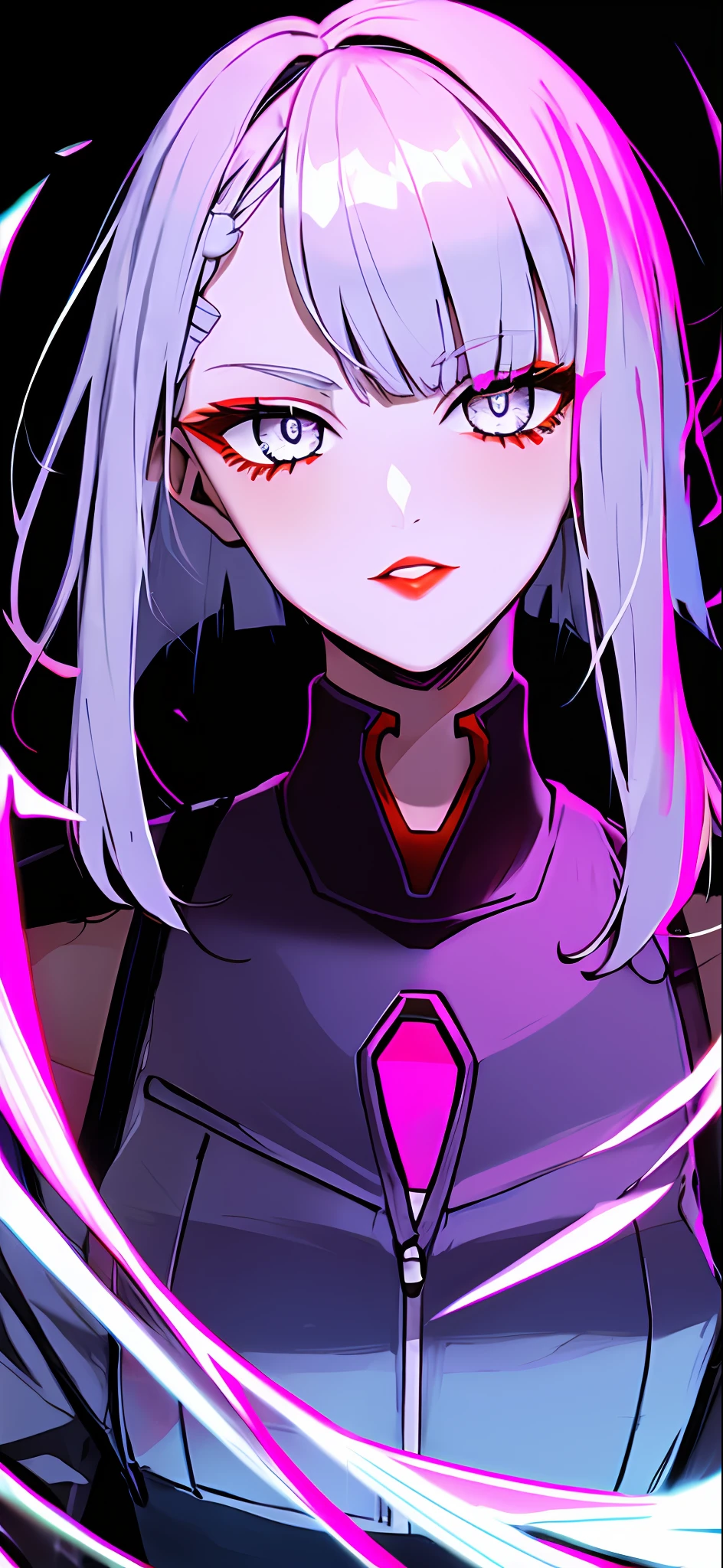 lucy \(cyberpunk\), 1girl, hair scrunchie, hime cut, silver hair, colored tips, full moon, grey eyes, jacket, long sleeves, looking at viewer, medium hair, multicolored hair, parted bangs, parted lips, pink hair, portrait, red eyeliner, red lips, solo, white jacket, cyberpunk \(series\), rainy night in a cyberpunk city with glowing neon lights