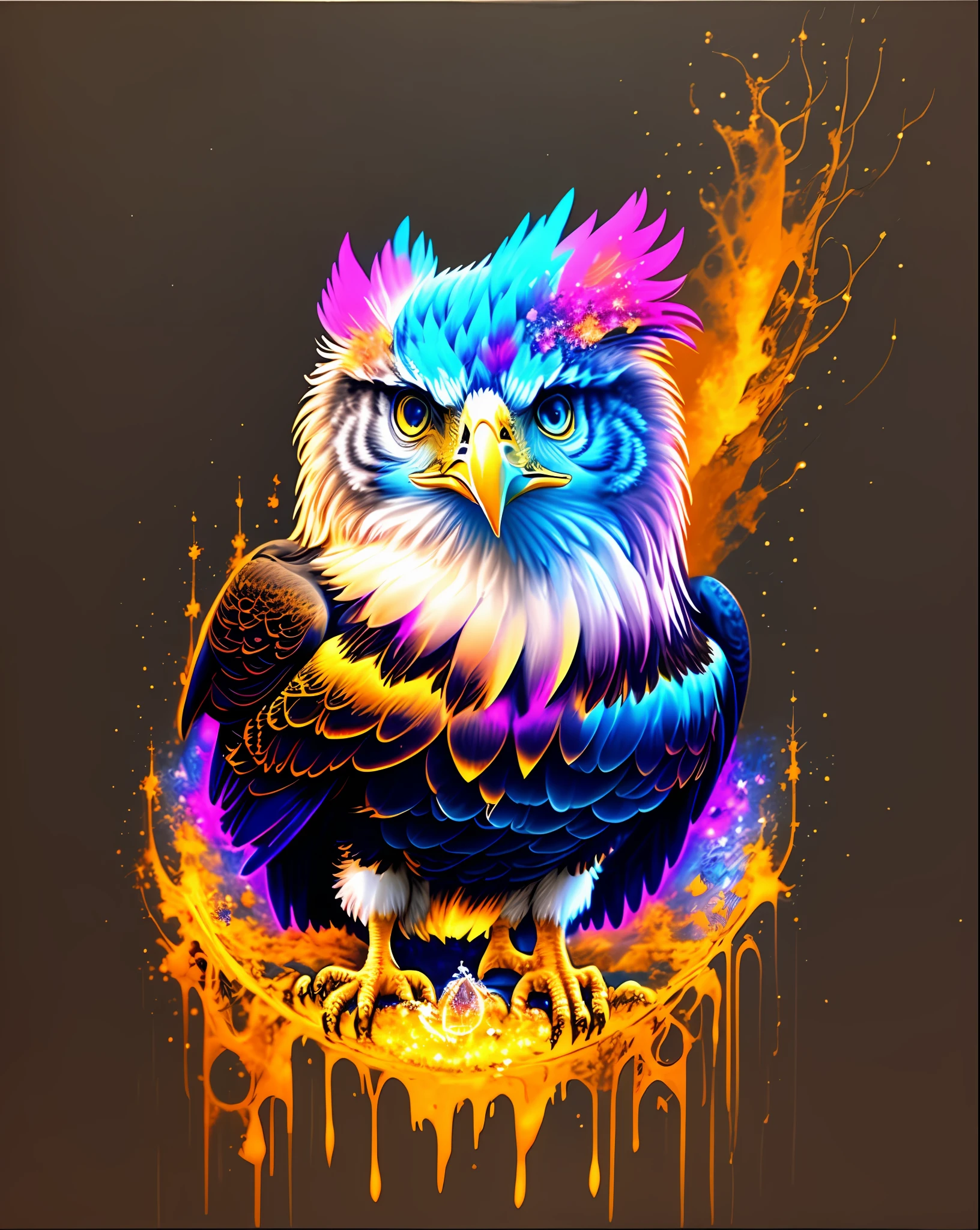 a painting of a colored eagle on a black background,, breathtaking rendering, within a radiant connection, inspired by Kinuko Y. Craft,, magical elements, kitten icon, wow, is beautiful, casting a multi colorful spell, bright flash, flash