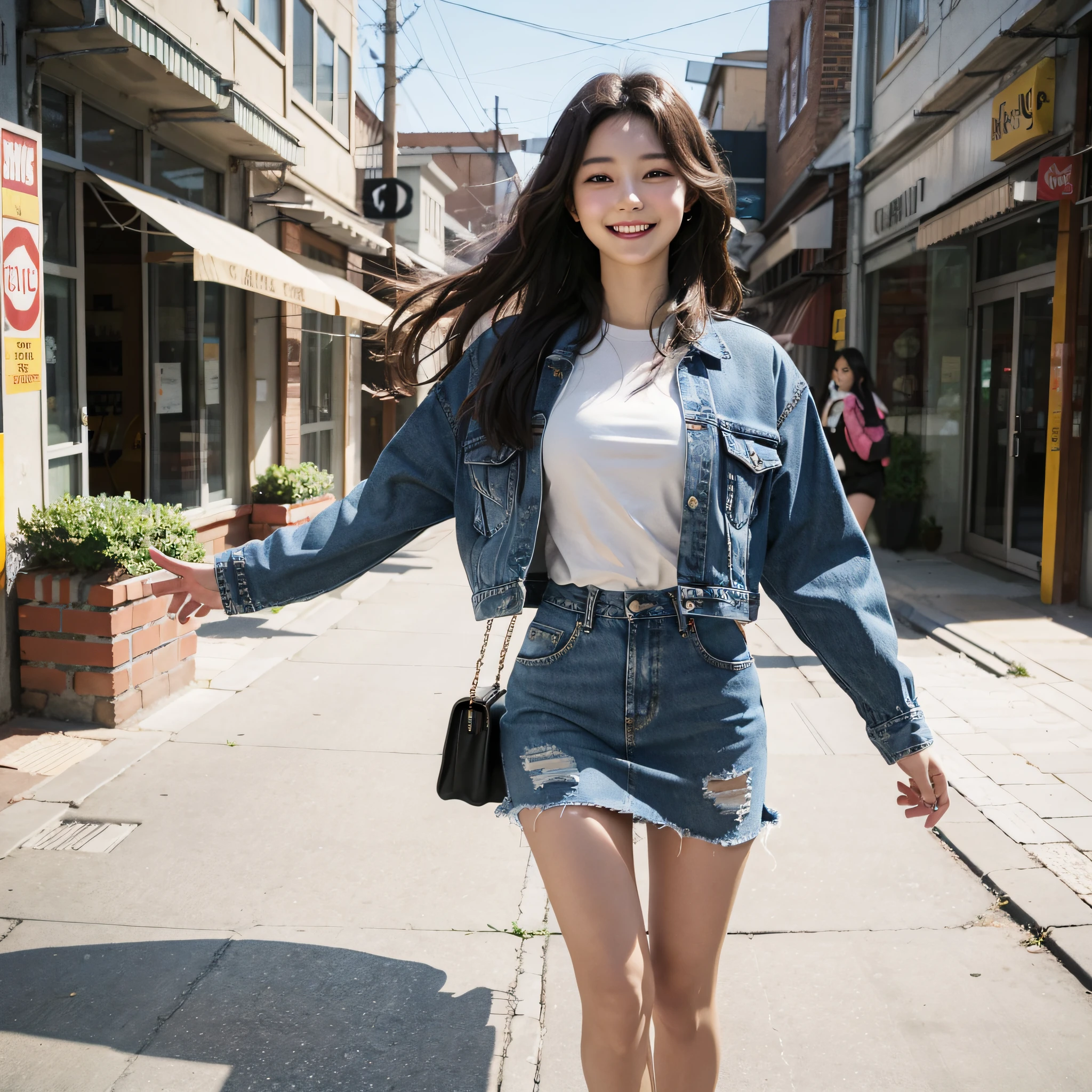 A smiling girl(Denim skirt,big assa)It was running towards me down the street