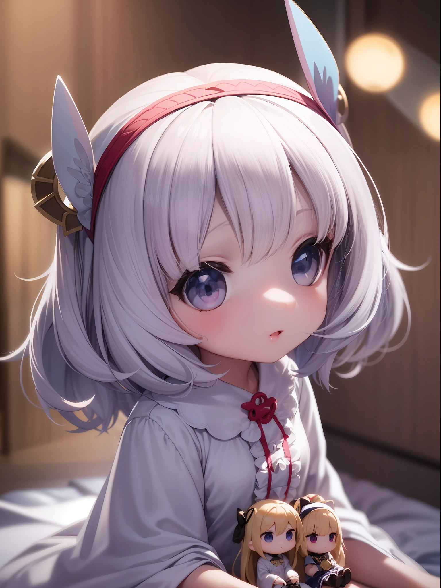 PopMart Blind Box IP, a close-up of a cute, white robe doll, young wanangel style, wearing long and fluent clothes, wlop style, pocelain doll, little people; Unreal Engine 5, Lite 3D/C4D production: 8K HD quality/lighting/ultra-detailed lens depiction 1.5, flawless, chibi background/cinematic.