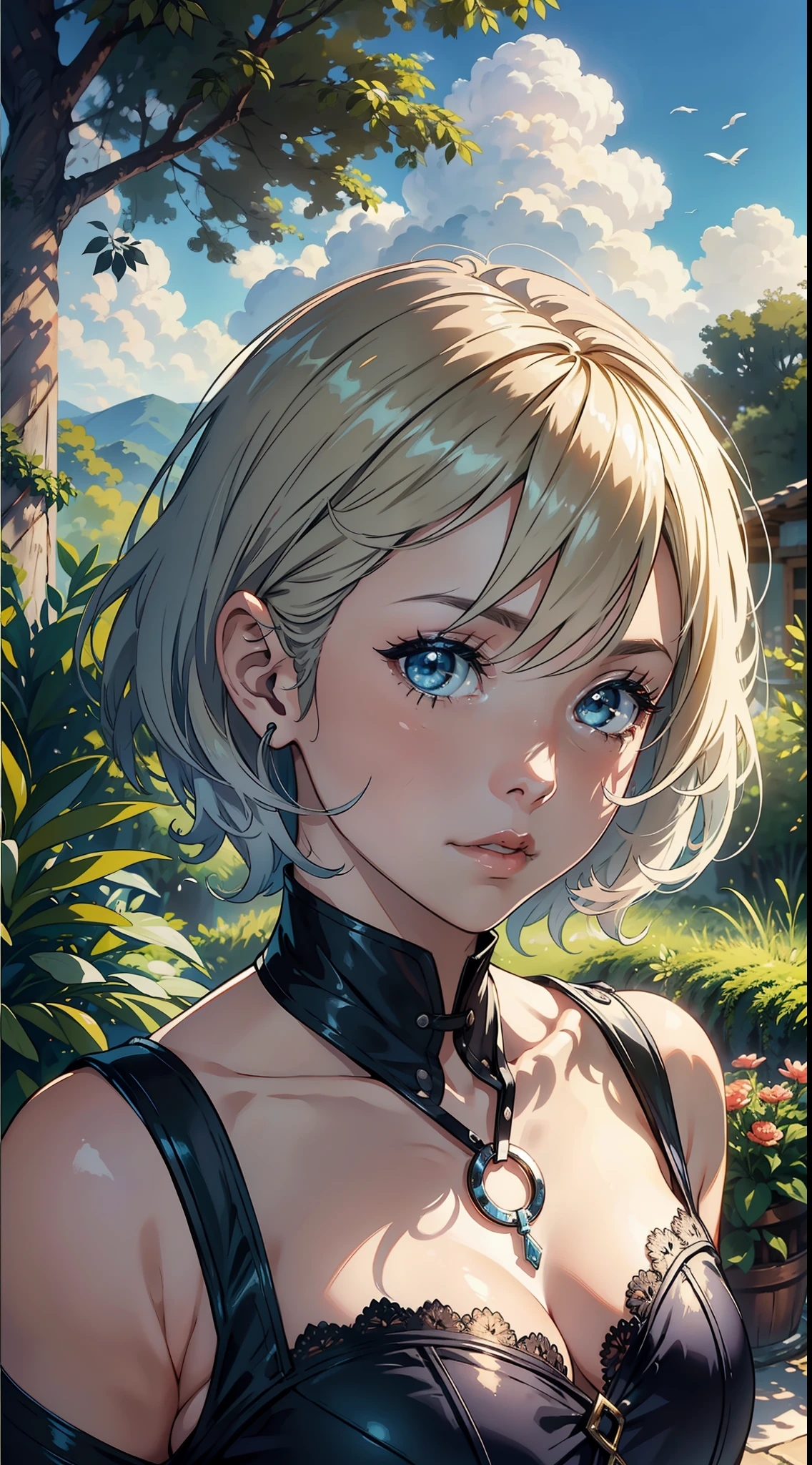 extremely detailed CG unity 8k wallpaper, obra-prima, melhor qualidade, retrato de uma mulher com cabelos castanhos claros em um vestido amarelo, todo o cuidado nos detalhes, pose graciosa em uma paisagem de montanhas, light blue sky, nuvens brancas flutuando, luz suave e brilhante.