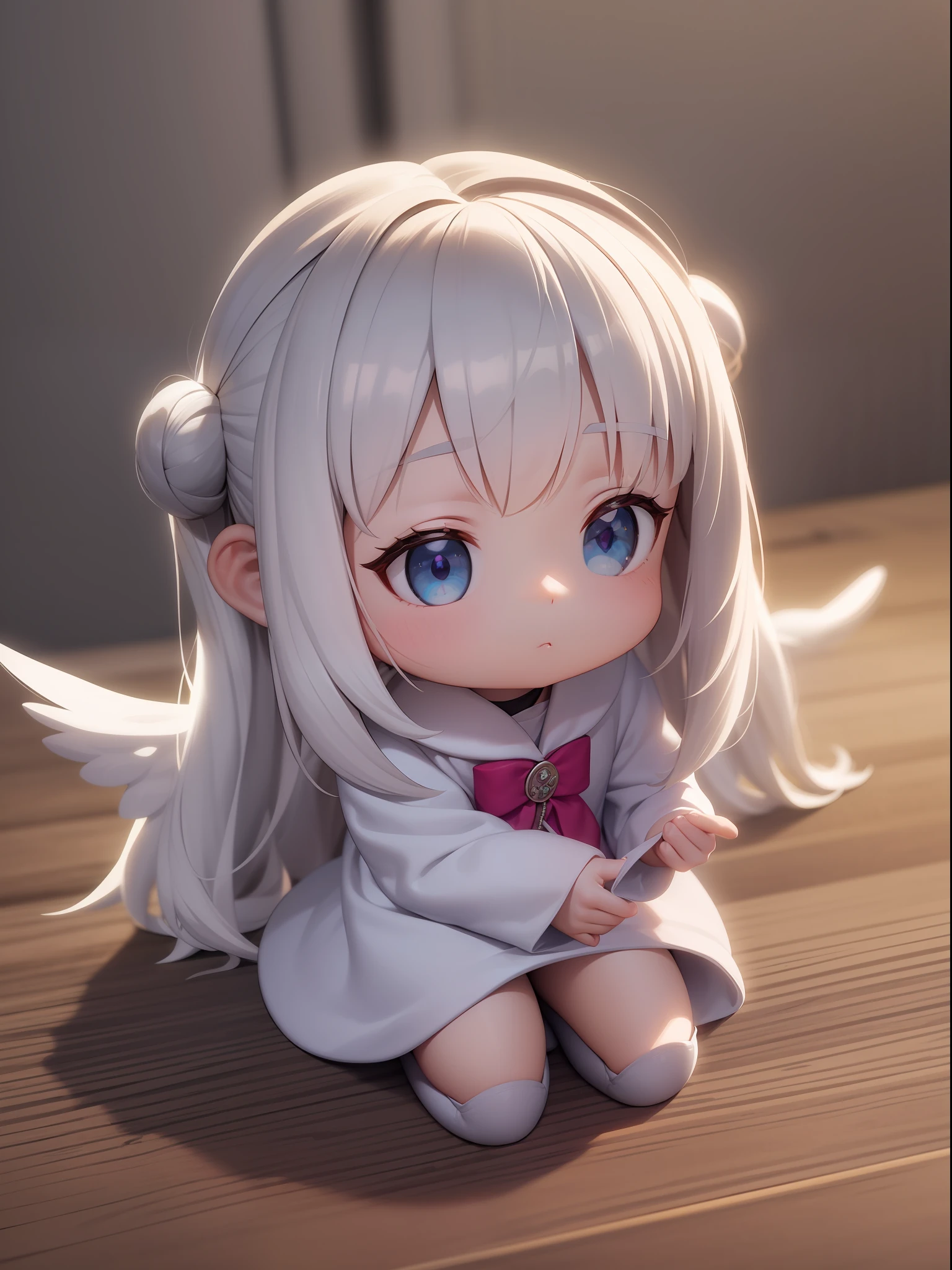 PopMart Blind Box IP, a close-up of a cute, white robe doll, young wanangel style, wearing long and fluent clothes, wlop style, pocelain doll, little people; Unreal Engine 5, Lite 3D/C4D production: 8K HD quality/lighting/ultra-detailed lens depiction 1.5, flawless, chibi background/cinematic.