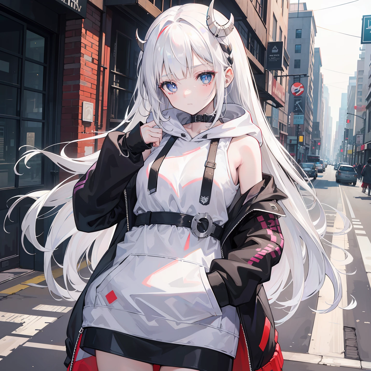 1girll, Breast in,stitched face, patchwork skin, Closed mouth, Long_Hair, face expressionless,City,street, White hair, ,stitched_face,Patchwork_skin,Cowboy shot,( Hoodie),(Hand in pocket),Open white coat,Inside, she wears short black sleeves with a love motif on them,