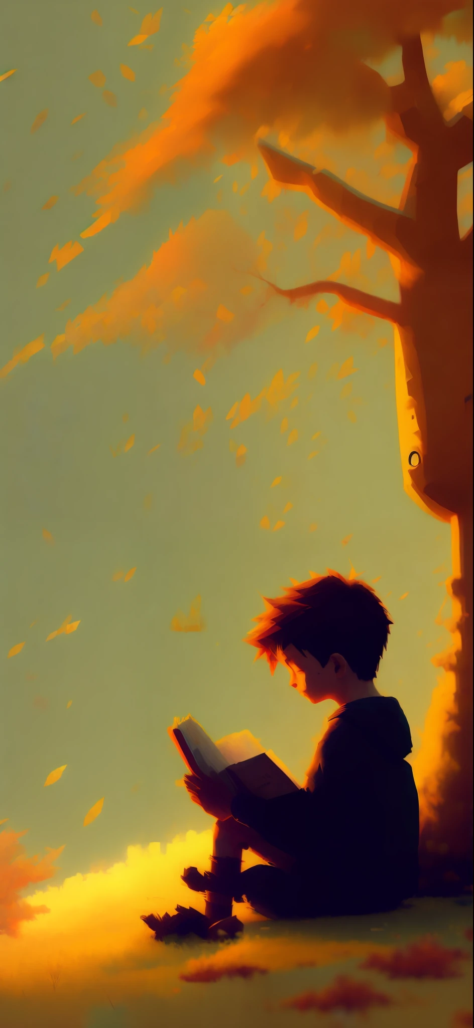 a young boy sits under a tree reading a book, in the autumn, a painting by Atey Ghailan, cgsociety, plein air, concept art, low poly, digital painting