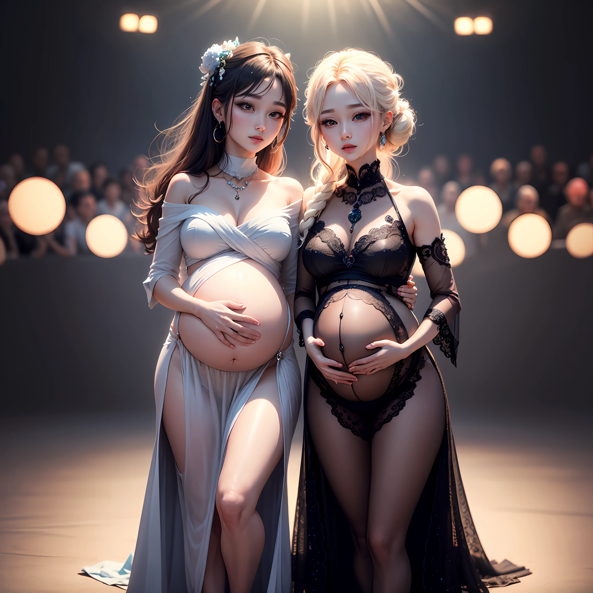 lipgloss, eyelashes, gloss-face, glossy skin, best quality, ultra highres, depth of field, chromatic aberration, caustics, Broad lighting, natural shading, Kpop idol) looking at the audience With serenity and goddess-like bliss, full body, Pregnant --auto