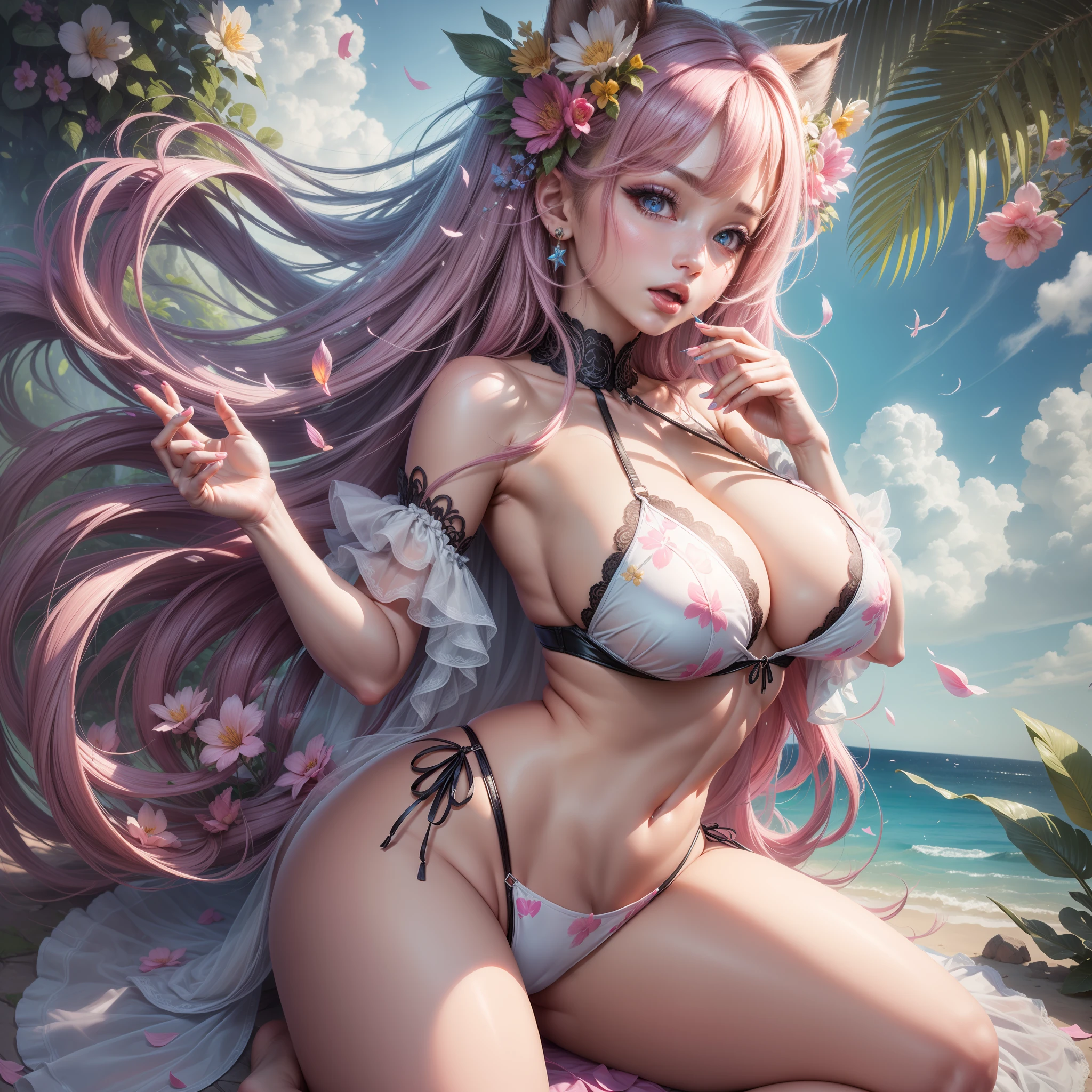 Best quality,Amazing,Masterpiece,Delicate,超高分辨率,Ultra detailed,intricately details,Beautiful detailed,8K resolution,(Extremely detailed Cg Unity 8K wallpaper),Sharp focus,((No text)),breast conscious,gigantic cleavage breasts,Areola Slip,Covered,Bursting breasts,Lively breasts,framed breasts,Highly transparent light complexion mini bikini，Highly transparent light complexion mini bikini，Highly transparent light complexion mini bikini,Tongue stock,Makeup,cheerfulness,Reflectors,ahegao,Pink eyes,Heart earrings,1,Solo,Female pervert,view the viewer,hair flower,Long hair,multicolored hair,Shiny hair,Barefoot,Bottomless,Thick thighs,Bare legs,Thighs open, Thighs open