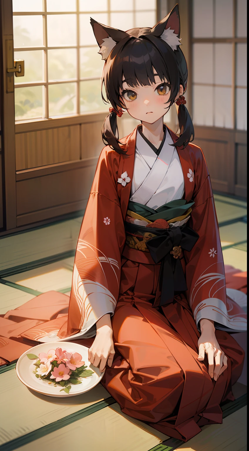 ((Master masterpiece)), ((Top image quality)), illustratio, The girls１Guys, Hair color, Bangs, Hairstyle Fax,Cat's ears、 slender、constricted hips、((Smaller chest))、A dark-haired、Nobunaga's kimono of the magnificent Japan、Men's kimono、((Smaller chest))、A dark-haired、Glittering Japan tea house、Tatami mats、Sitting on tatami mats、traditional Japanese room、flower arrangement、