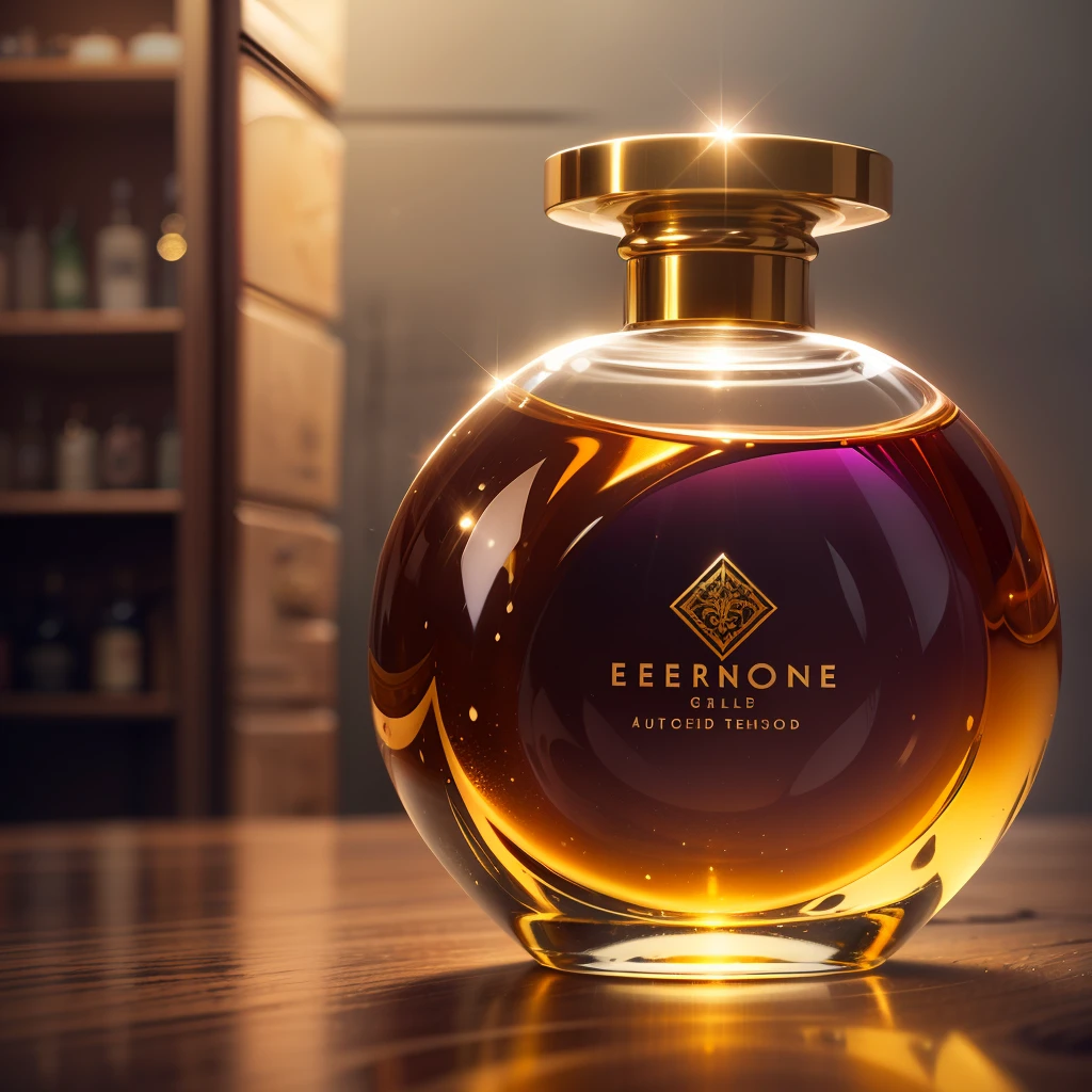 The bottle is slender and elegant, with curved glass in a fluid teardrop-like design. The base is heavy and substantial, giving stability with its clear blown glass. A tall, thin neck rises from the center, ending in an intricately crafted gold mouthpiece. The round lid matches the glass sealed with red wax. A label surrounding the bottle displays the perfume's name in an elongated, gold art deco font. The contents are a deep amber liquid with purplish nuances, magically capturing and refracting light. The glass as a whole exudes elegance, mystery and delicacy. --auto --s2