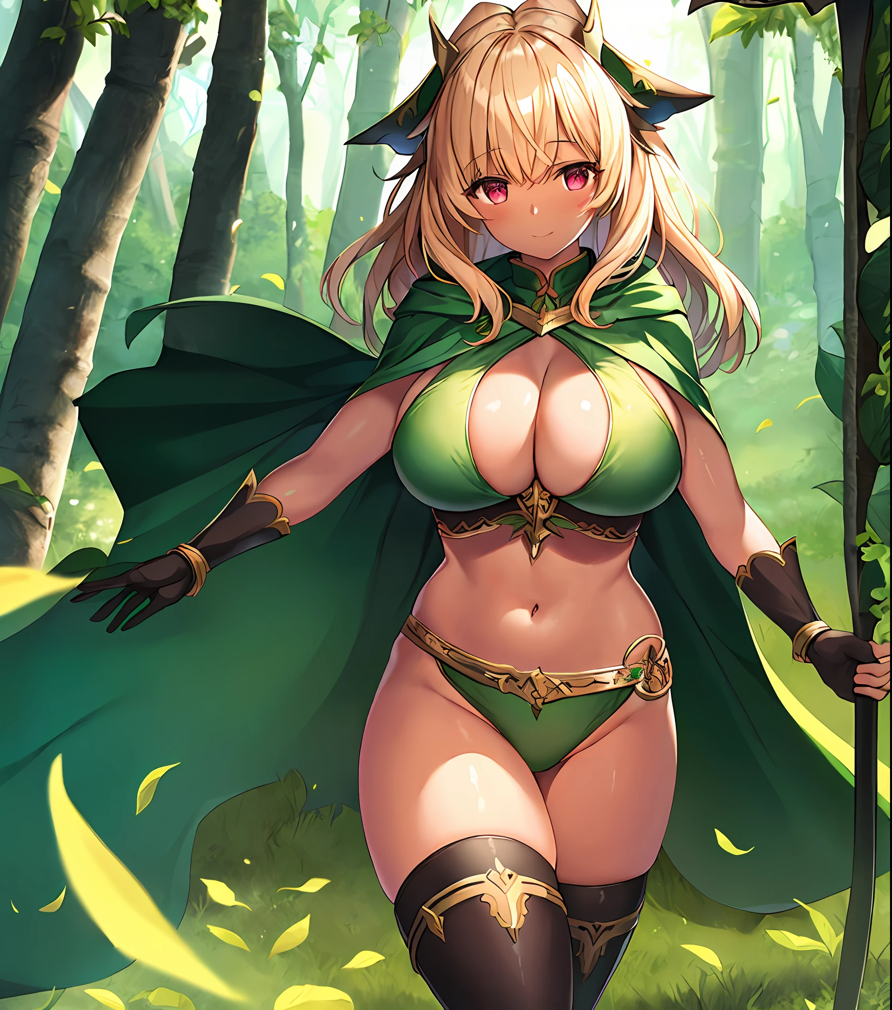 fantasy, 1forest_elemental_girl, tiny,(dark_skin)0.9, (using_leaves_clothes, green_leaves_covered_breasts, leaves_covered_pussy)+++,(gigantic_heavy_tits:1.1), walking, (smile, sleepy)+, medium_hair, navel oil, (winding_vine_around_torso)++, forest_background, leaves_headgear, green_leaves_cape, spread_arms, large_staff, leaves_thighhighs, big_ass,solo