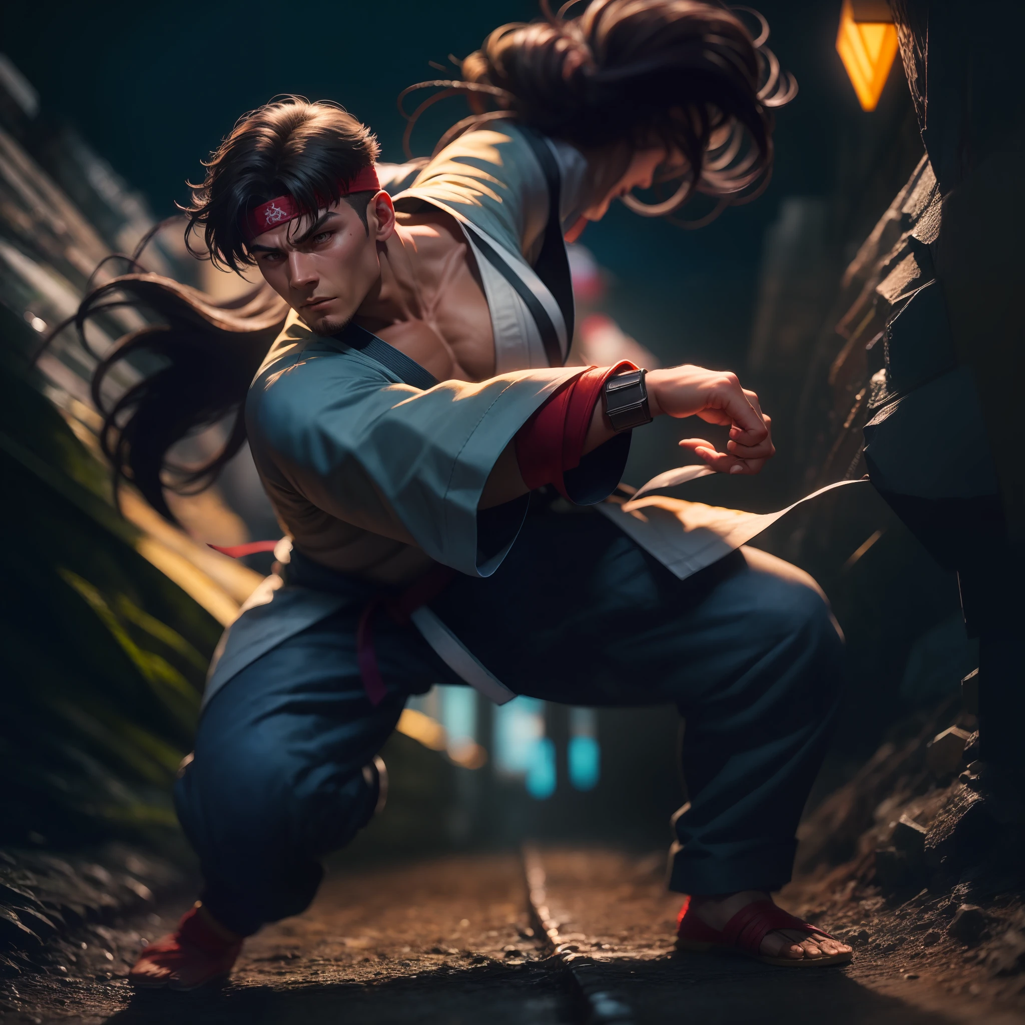 Obra-prima de John Biden como Ryu de Street Fighter, em estilo CG ultradetalhado. Better quality with impeccable lighting and dynamic angles. Ryu wearing his iconic white robe and red headband, ready for action. Sombras profundas e detalhadas, karate black belt, with excellent depth of field and perfect saturation. A vibrant and dynamic scene with all the energy of Street Fighter captured in a stunning image. Corpo inteiro. This one is standing in the middle of train tracks, atras trem aproximando-se.