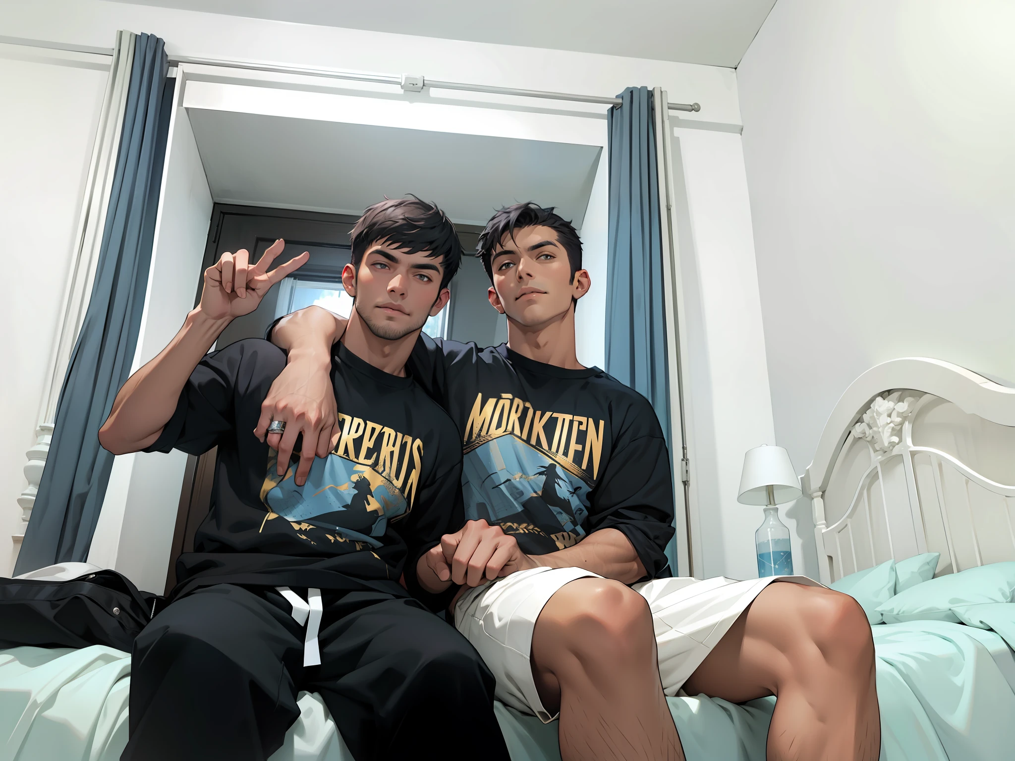 two handsome man sitting in the bed, short pants, muscular, ultra detailed face, ultra resolution, handsome man,