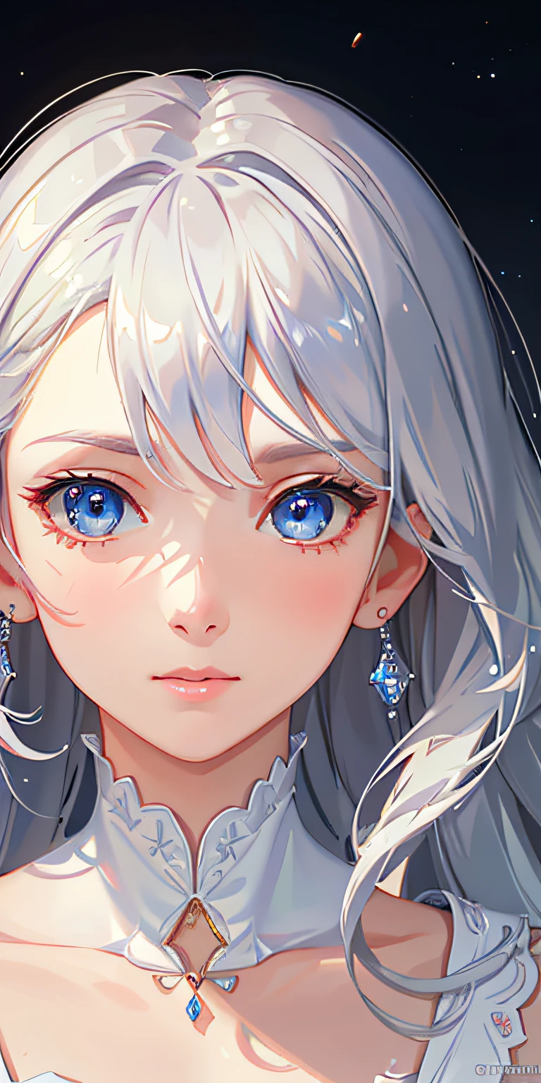 (Masterpiece, fine detailed beautiful eyes: 1.2), (On the moon, space, looking back into earth), White hair, White lace vest, voluminetric lighting, Short white skirt,White stockings,angelicales,multi colored eyes, Detailed eyes, ultra - detailed,Light smile, Highly detailed, Beautiful, small detailed, Ultra detailed, Best quality, Intricate, hyper photorealism, Sharp, Digital illustration, Detailed, Realism, Intricate, 4K, 8K, trending on artstationh, Good anatomy, Beautiful lighting, Award-winning, Photorealistic, Realistic shadows, Realistic lighting, Beautiful lighting, Ray traching, Intricate details, Moody, Rule of thirds, Masterpiece, (illustration:1.1), A high resolution, (Extremely detailed CG, Unity, 8K wallpaper:1.1), Beautiful face, Highly detailed face, Ultra photo realsisim, Masterpiece, Bokeh, Extremely detailed, Intricate, zoomout, Colorful, Vibrant colors, Red nail polish, Side view,
