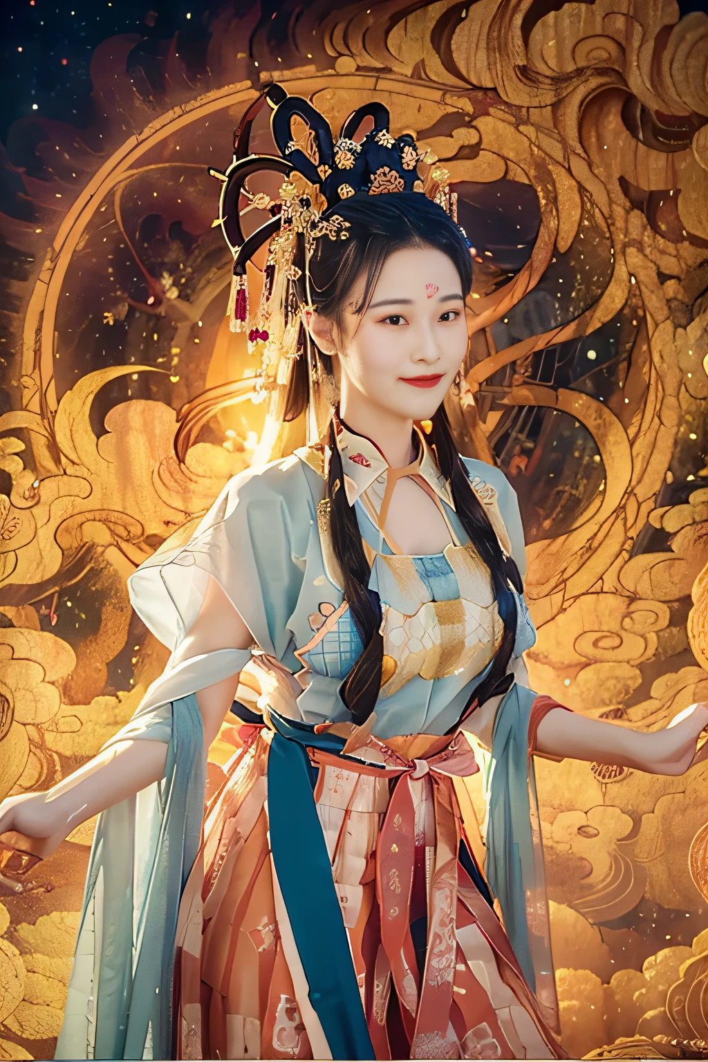 Official Art, Unified 8K Wallpapers, Ultra Detailed, Beautiful and Aesthetic, Masterpiece, Best Quality, (Zentangle, Tangle, Entangle), (fractal art: 1.4), 1girl, very detailed, dynamic angle, cowboyshot, (most beautiful form chaos), ethereal, (bright colors), oc, (full body: 0.8), china, (thangka flying sky: 1.5), (ribbon: 1.3), (dream: 1.5), (hanfu: 0.7), (smile: 0.5), (Chinese deity), upper body close-up