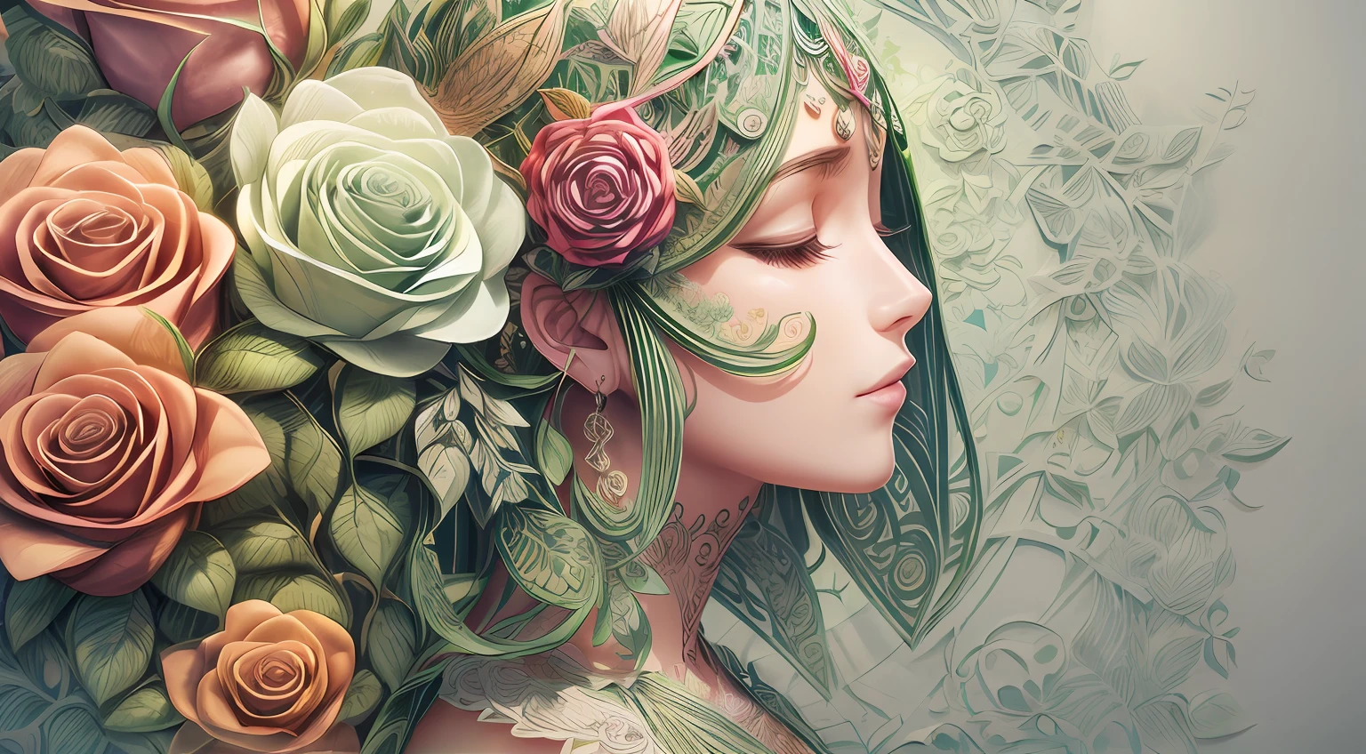 (illustration:1.3),paper art, zentangle，3D rendering，green background，Spring，(Beauty side face,close eyes:1.3)，(roses:1.2), Colorful, Best quality, Detailed details, Masterpiece, offcial art, Cinematic lighting effects, 4K,