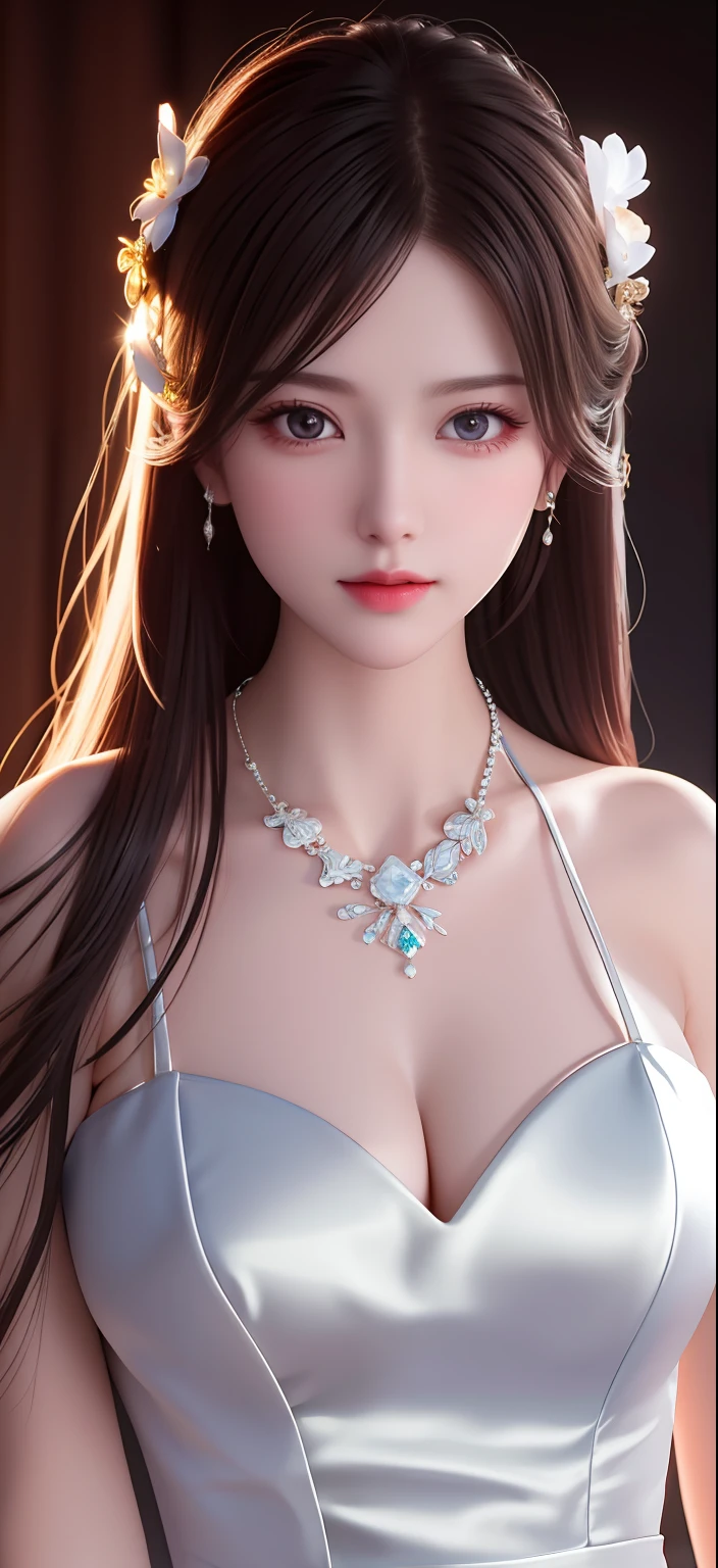 Best quality, masterpiece, high resolution, 1girl, porcelain dress, hair accessories, necklace, jewelry, beautiful face, on the body, Tyndall effect, realistic, dark studio, edge lighting, two-tone lighting, (high detail skin: 1.2), 8k UHD, dslr, soft light, high quality, volumetric light, candid, photo, high resolution, 4k, 8k, background blur,