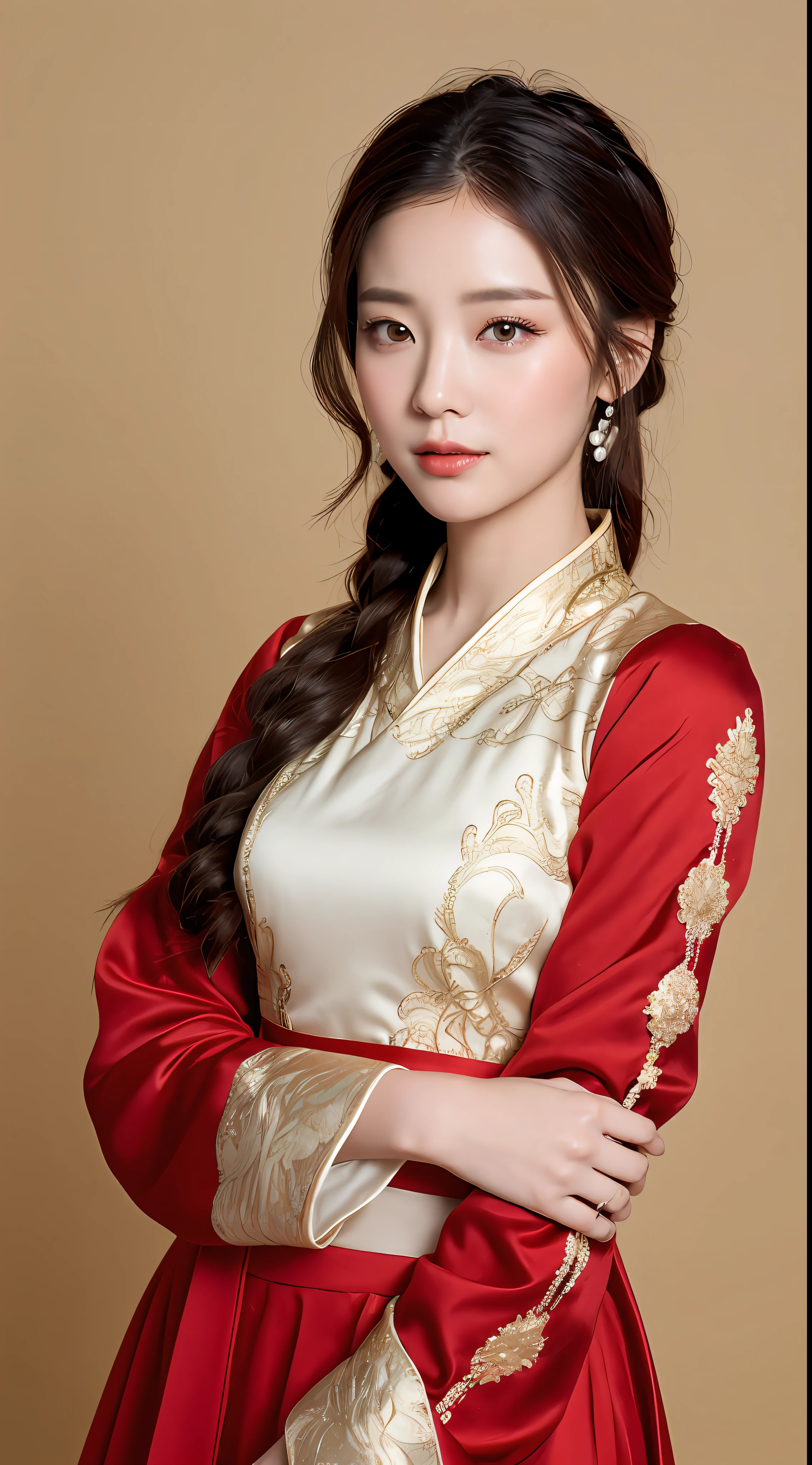 ((Best picture quality, 8K, tmasterpiece:1.3)), 1girll, Beautiful woman with slender abs:1.3, (Coiled hairstyle, No milk leakage:1.2),Red wedding dress:1.1, Ultra-fine face, A detailed eye, 二重まぶた,aggrieved look,perfect bodies,full bodyesbian,one color background,Royal sister style,A long-legged beauty,Hair full of pearls,red color Hanfu,Oriental women,Wide-sleeved robe,Gold pattern,Red dress