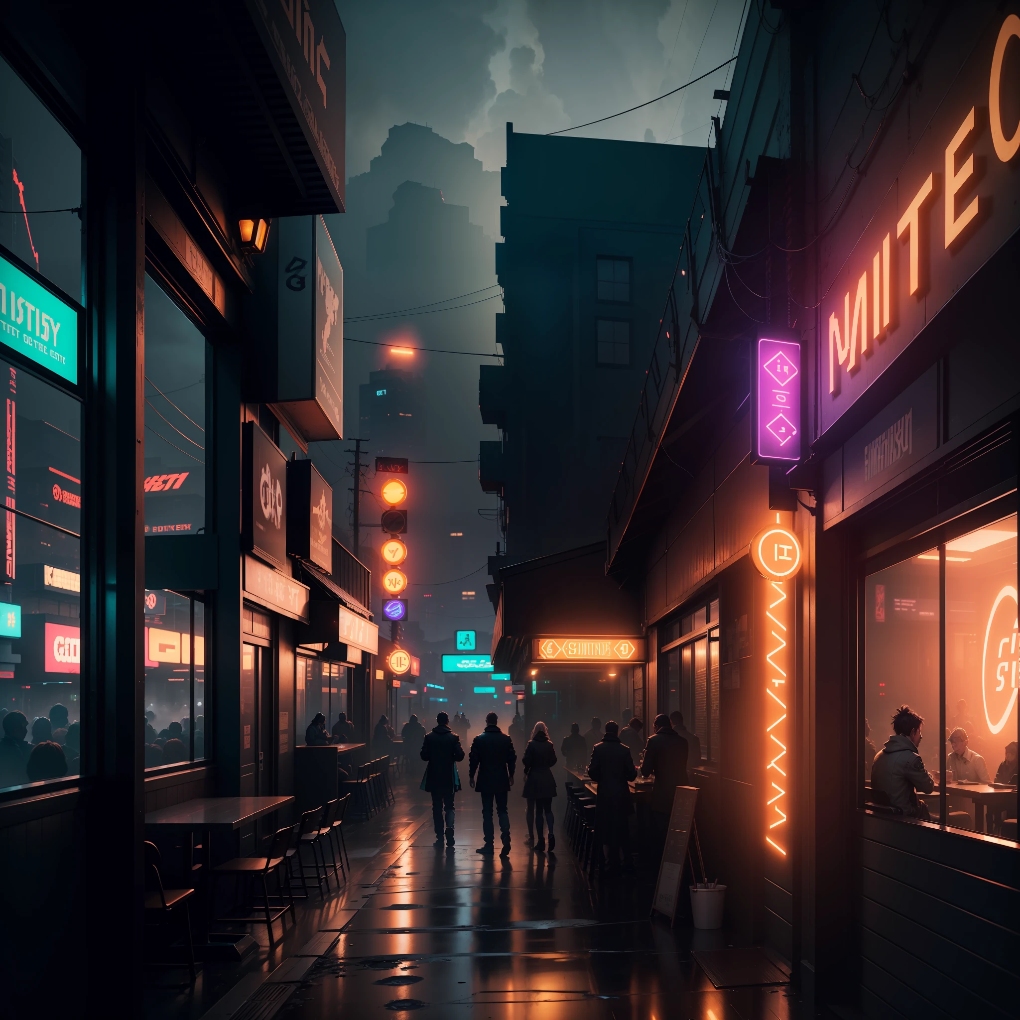 extremely detailed CG unity 8k wallpaper, masterpiece, best quality, long shot, cyberpunk, restaurant, ghostly setting, mist, volumetric light, neon lights, animatronic figures, ruined structures, grunge textures, restaurant
