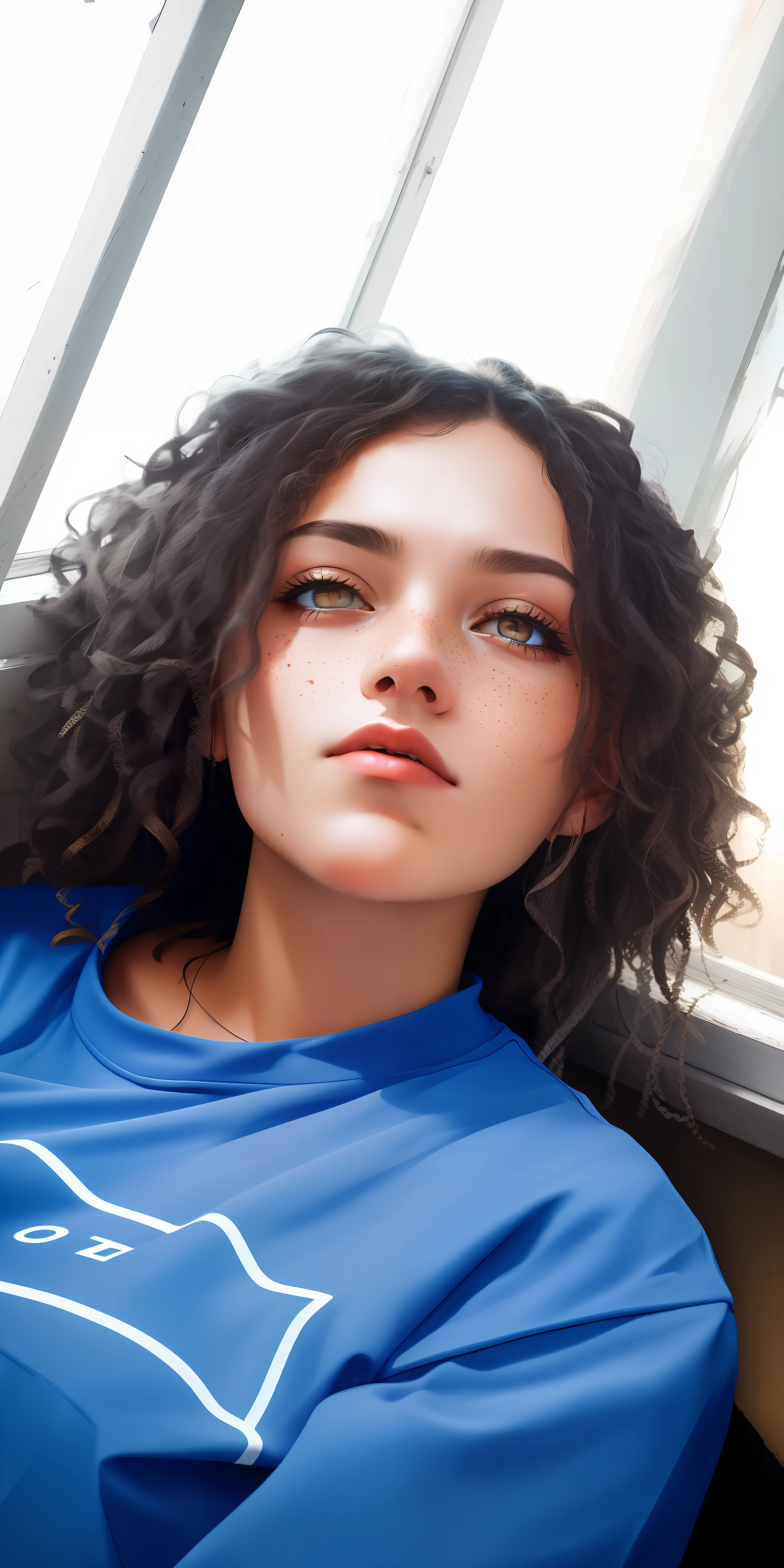 (sharp focus:1.2), an award winning photo of a beautiful exhausted tan skin woman with beautiful eyes and freckles, messy bun, messy dark hair, sitting next to a window, dark lighting, (deep shadows:1.1), high contrast, beautiful eyes, absurdres, 8k, (high quality:1.3), tired, sleepy, poverty, sadness, depression, artstation hd, concept art, detailed face and body, award-winning photography, (moody lighting:1.2), depth of field, bokeh, 4K, HDR