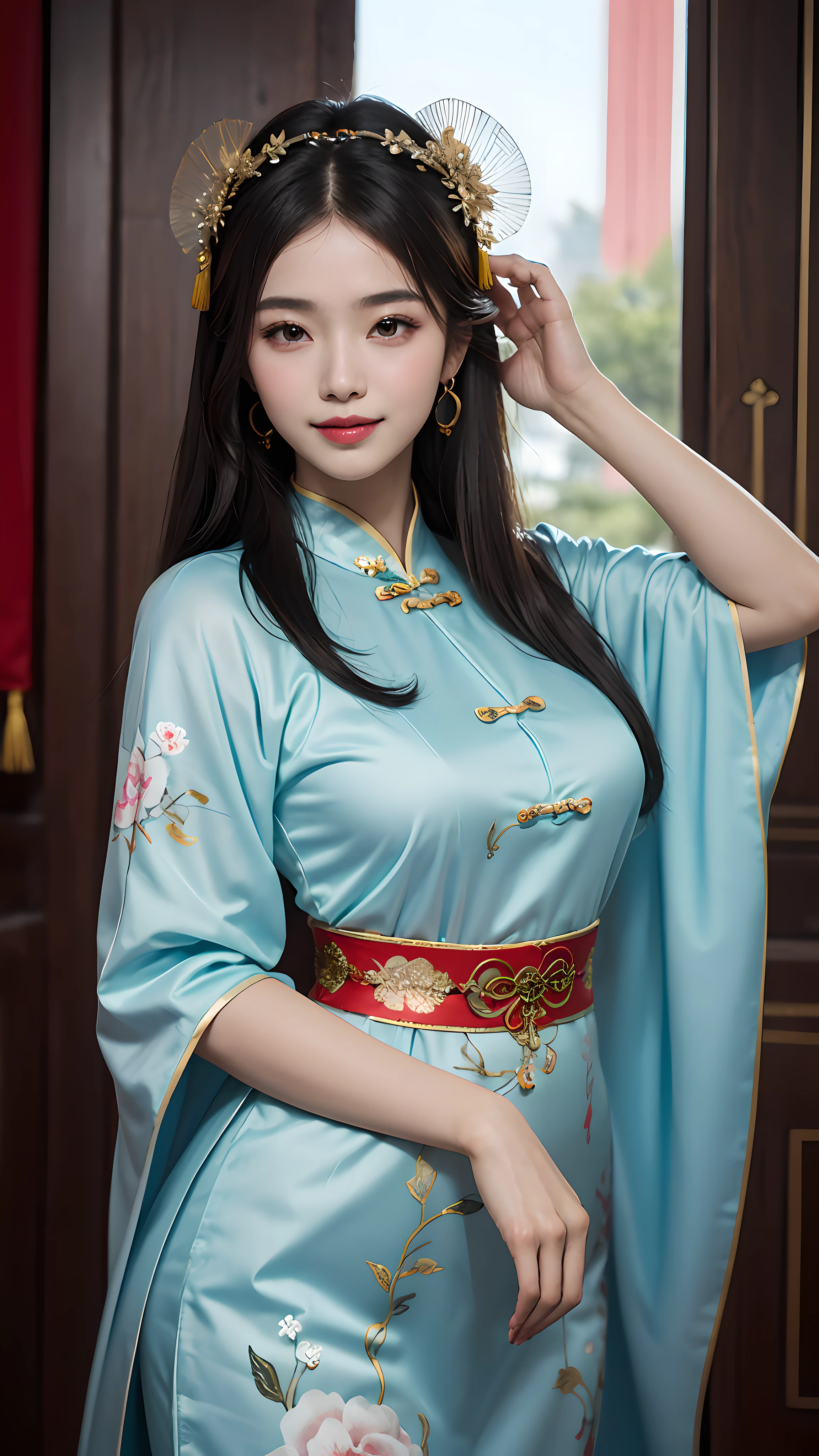 Best quality, masterpiece, ultra high res, photorealistic, (full shot:1.5), (1 girl),(long hair),(hair ornament:1.4),there is an ancient palace beside the girl, traditional chinese clothing, sharp focus, great body, random pose reference, monolid eyes, high bridged pointed nose, v-shaped face, pale skin, smile, bokeh