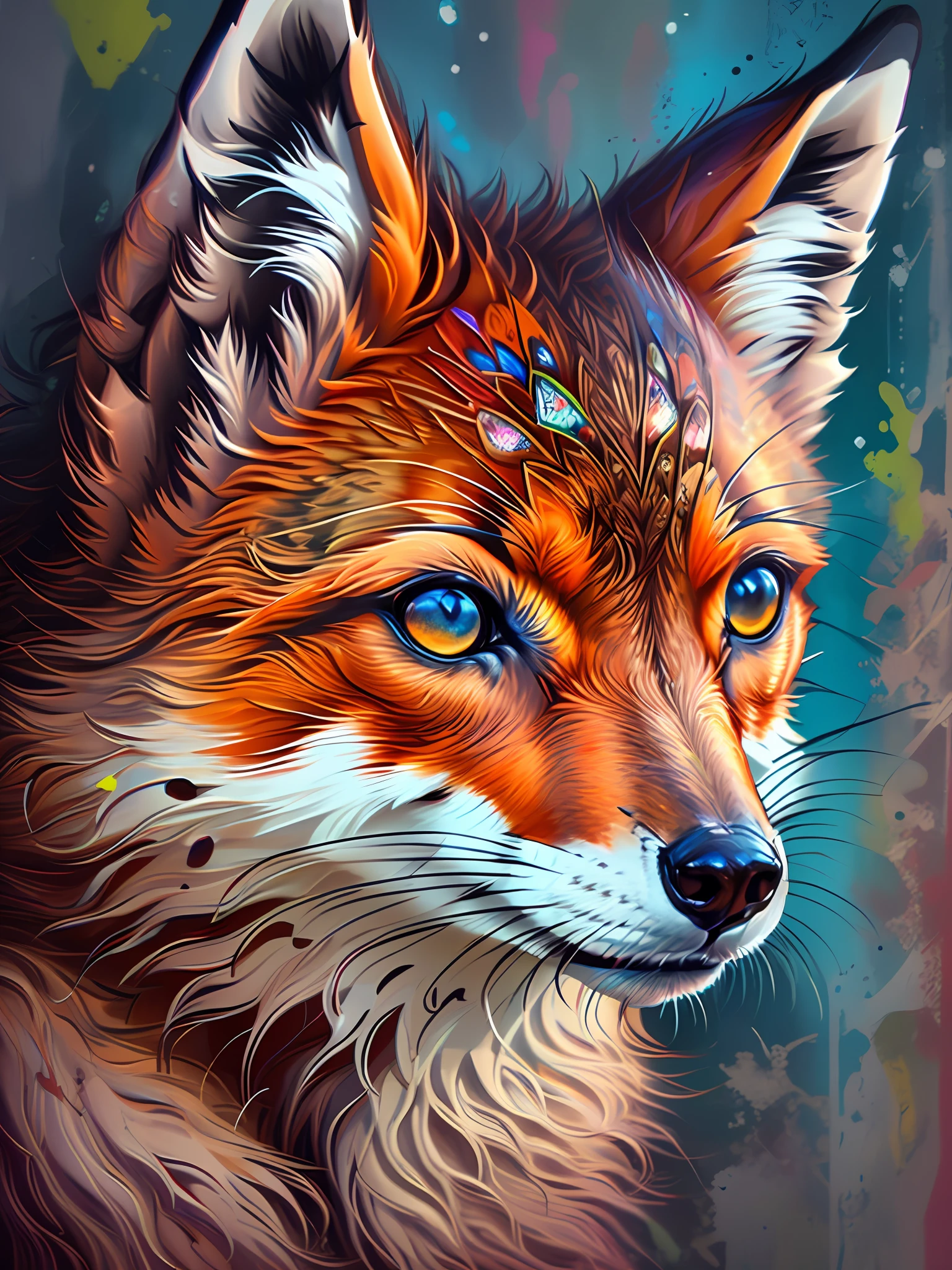 There's a fox looking at the camera, Highly detailed graffiti, in style of digital illustration, digital painting highly detailed, digital art. highly detailed, high quality digital painting, highly detailed digital art, Digital painting style