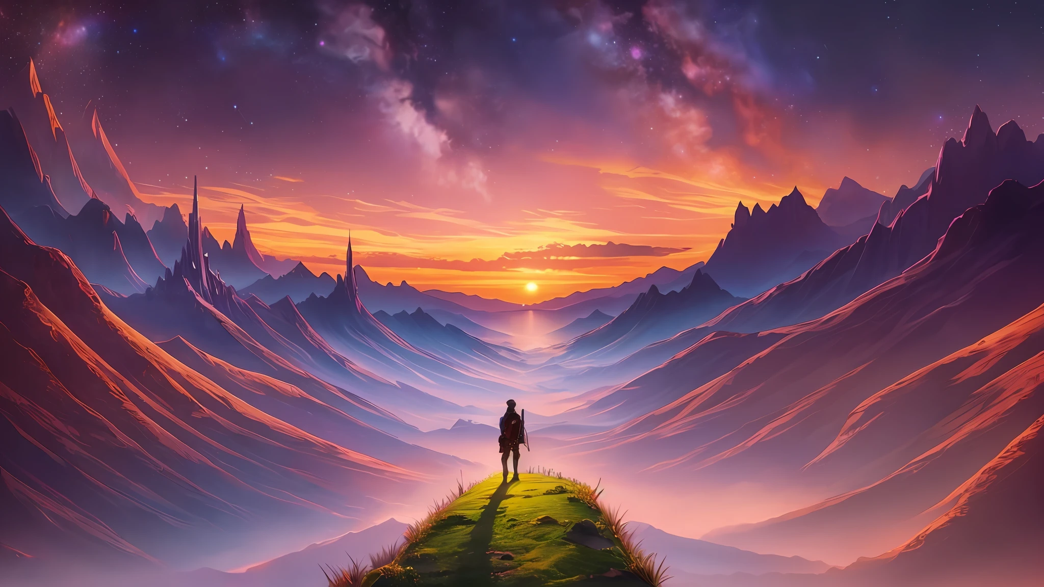 a vibrant fantasy landscape, sunset, galaxy