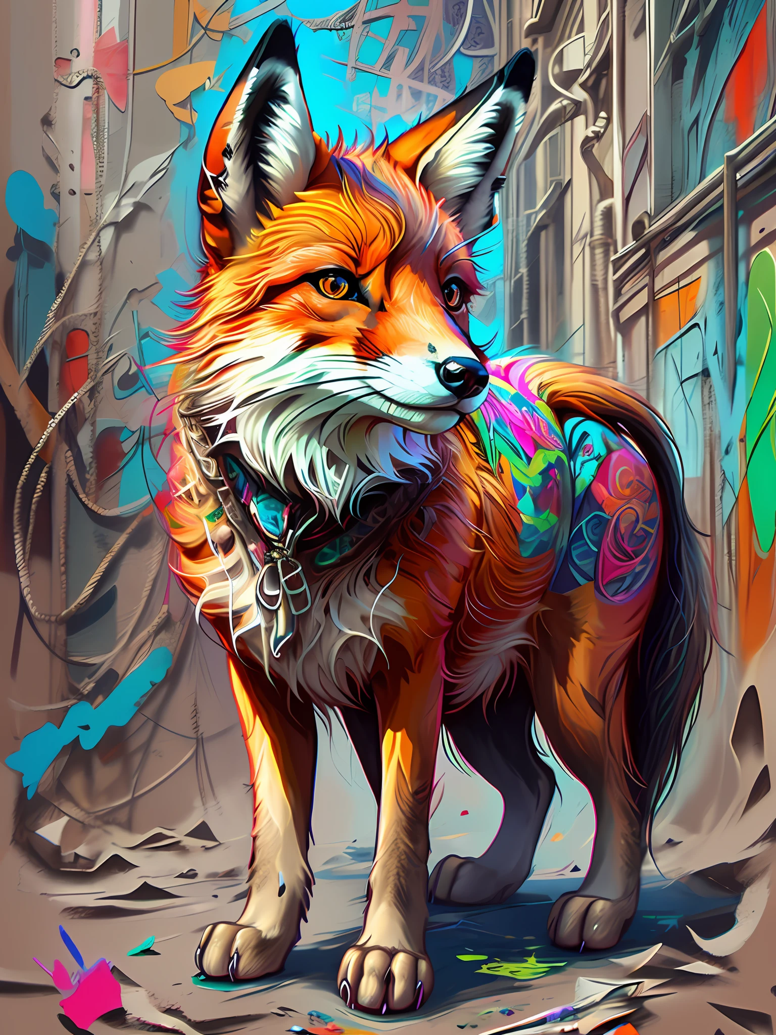 There's a fox looking at the camera, Highly detailed graffiti, in style of digital illustration, digital painting highly detailed, digital art. highly detailed, high quality digital painting, highly detailed digital art, Digital painting style