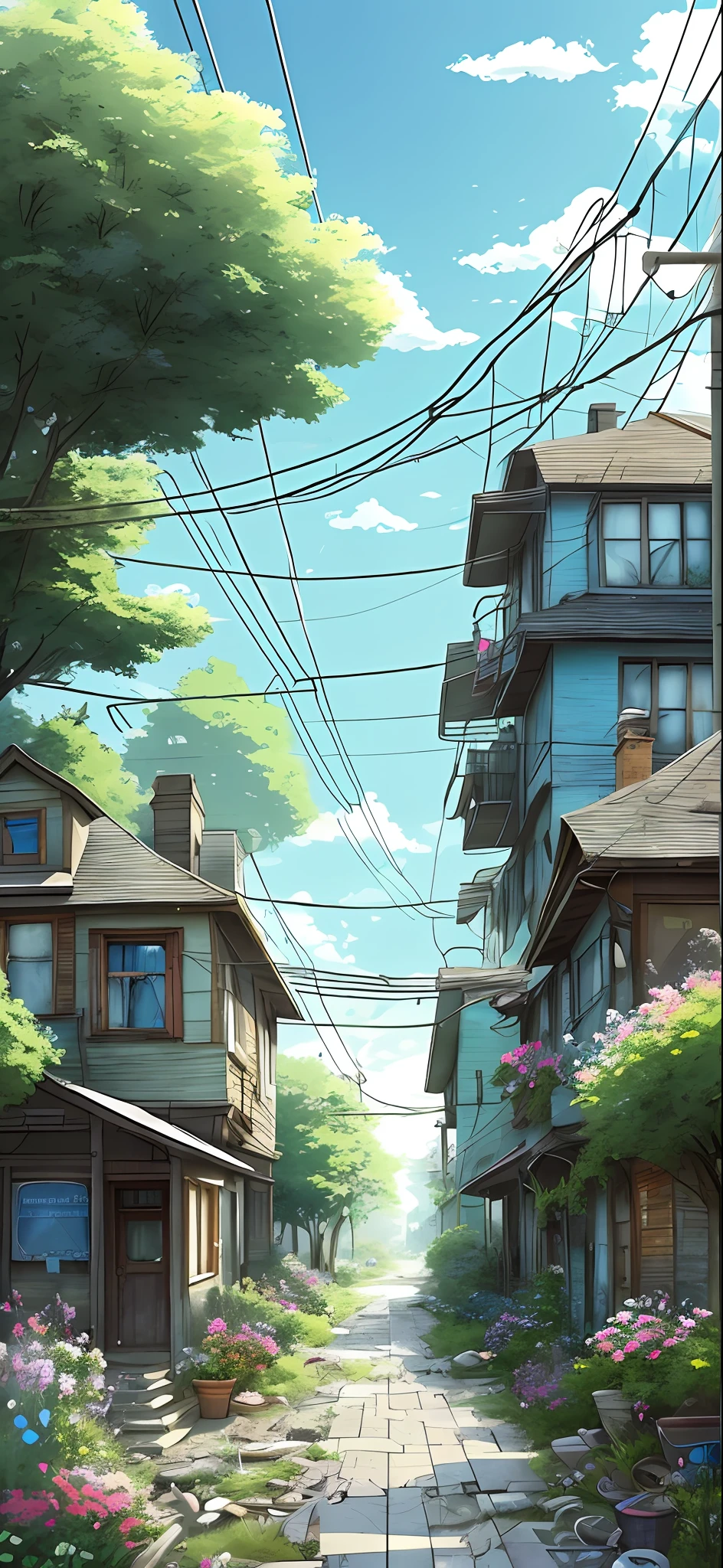 very cozy little place, hyper realism, (anime Makoto Shinkai:0.4), old shabby house in city street, home wiring, outdoors, sky, cloud, day, scenery, tree, blue sky, building, sign, wires, railing, wide shot, utility pole, town, wilderness, flowers, a lot of utensils lying around in a mess